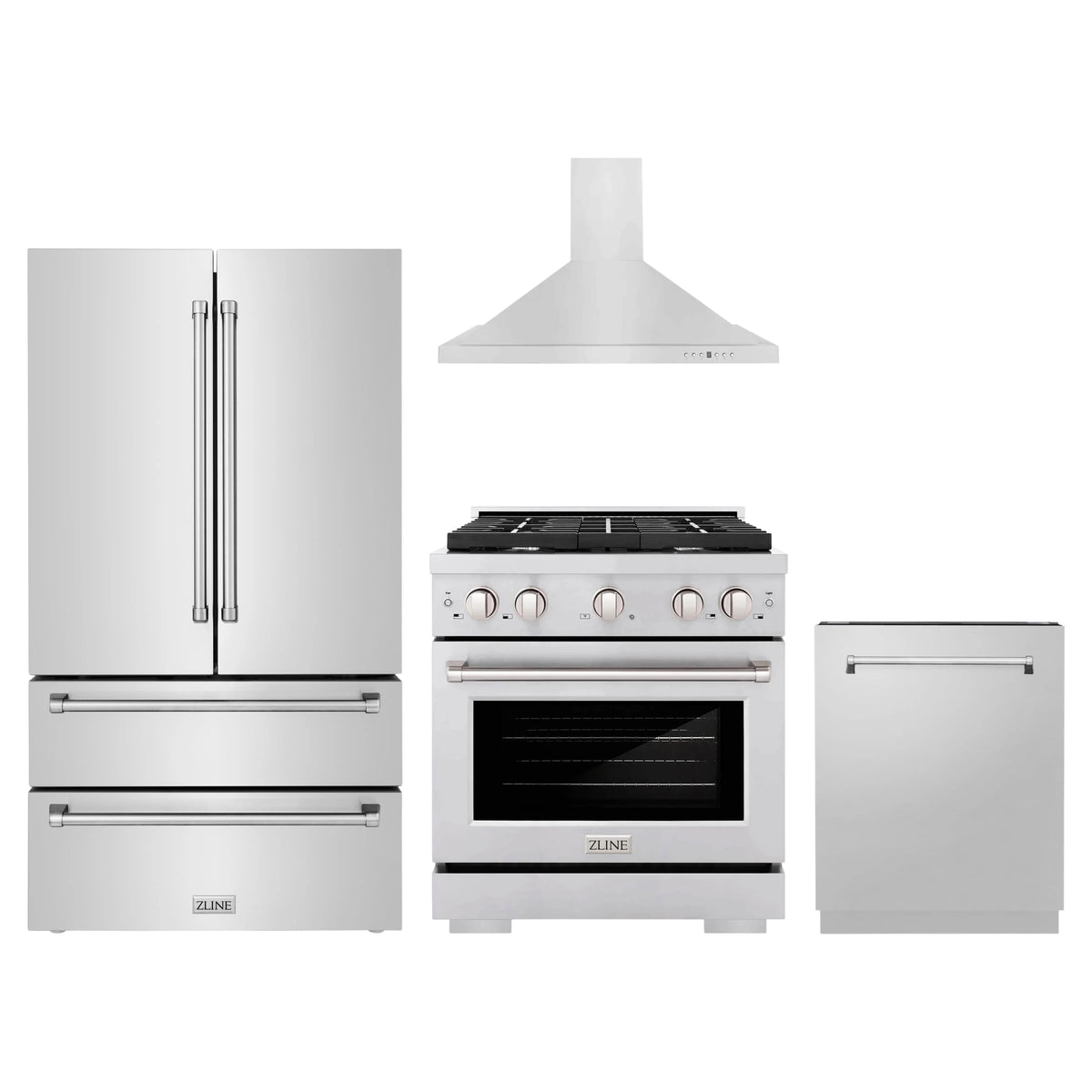 ZLINE 4-Piece Appliance Package - 30-Inch Gas Range, Refrigerator, Convertible Wall Mount Hood, and 3-Rack Dishwasher in Stainless Steel