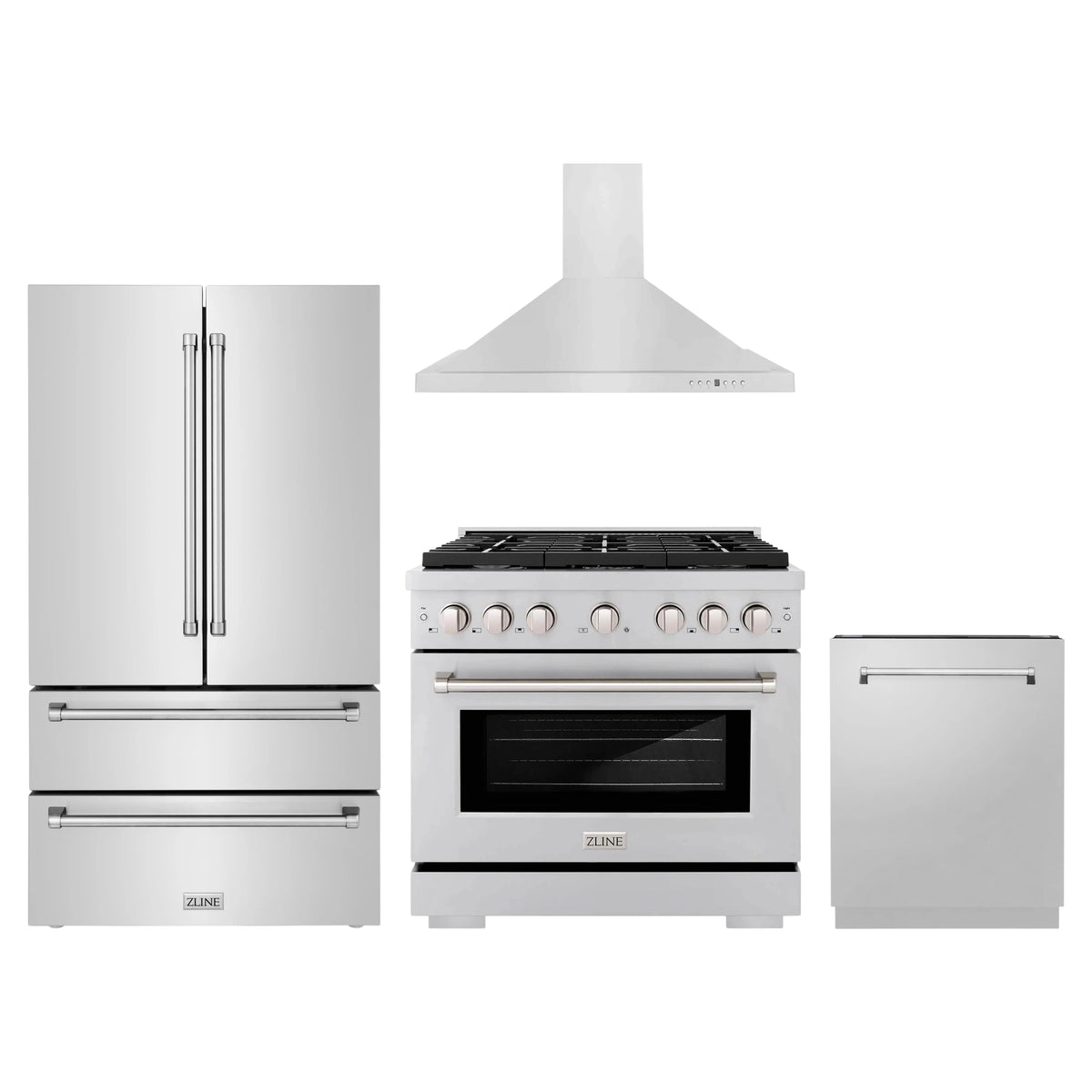 ZLINE 4-Piece Appliance Package - 36-Inch Gas Range, Refrigerator, Convertible Wall Mount Hood, and 3-Rack Dishwasher in Stainless Steel