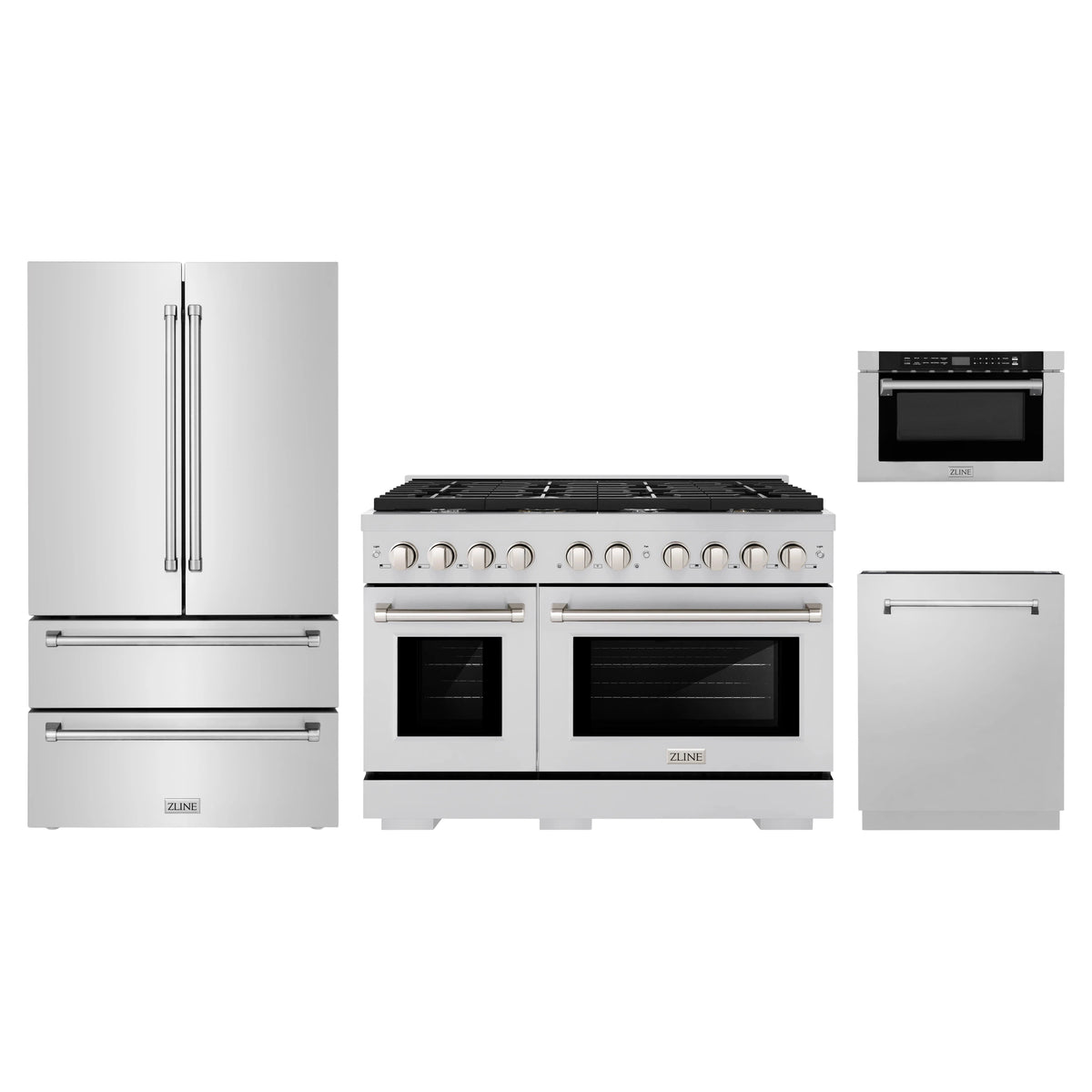 ZLINE 4-Piece Appliance Package - 48-Inch Paramount Gas Range, Refrigerator, Dishwasher, and 24-Inch Microwave Drawer in Stainless Steel