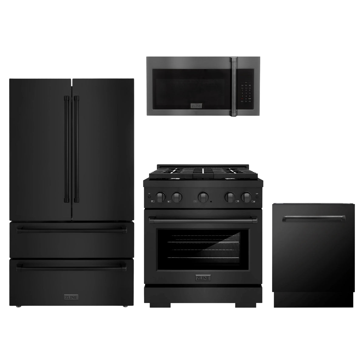 ZLINE 4-Piece Appliance Package - 30-Inch Paramount Gas Range, Refrigerator, Tall Tub Dishwasher & Over-the-Range Microwave in Black Stainless Steel