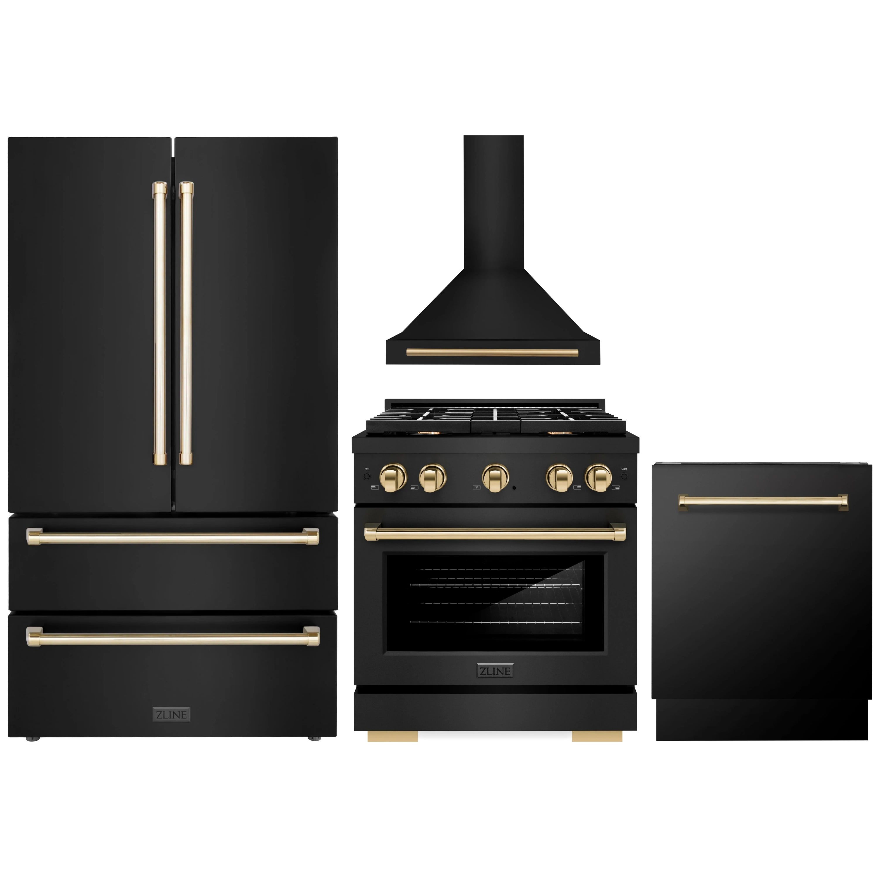 Black stainless steel appliance package set with gold-accent handles and range hood