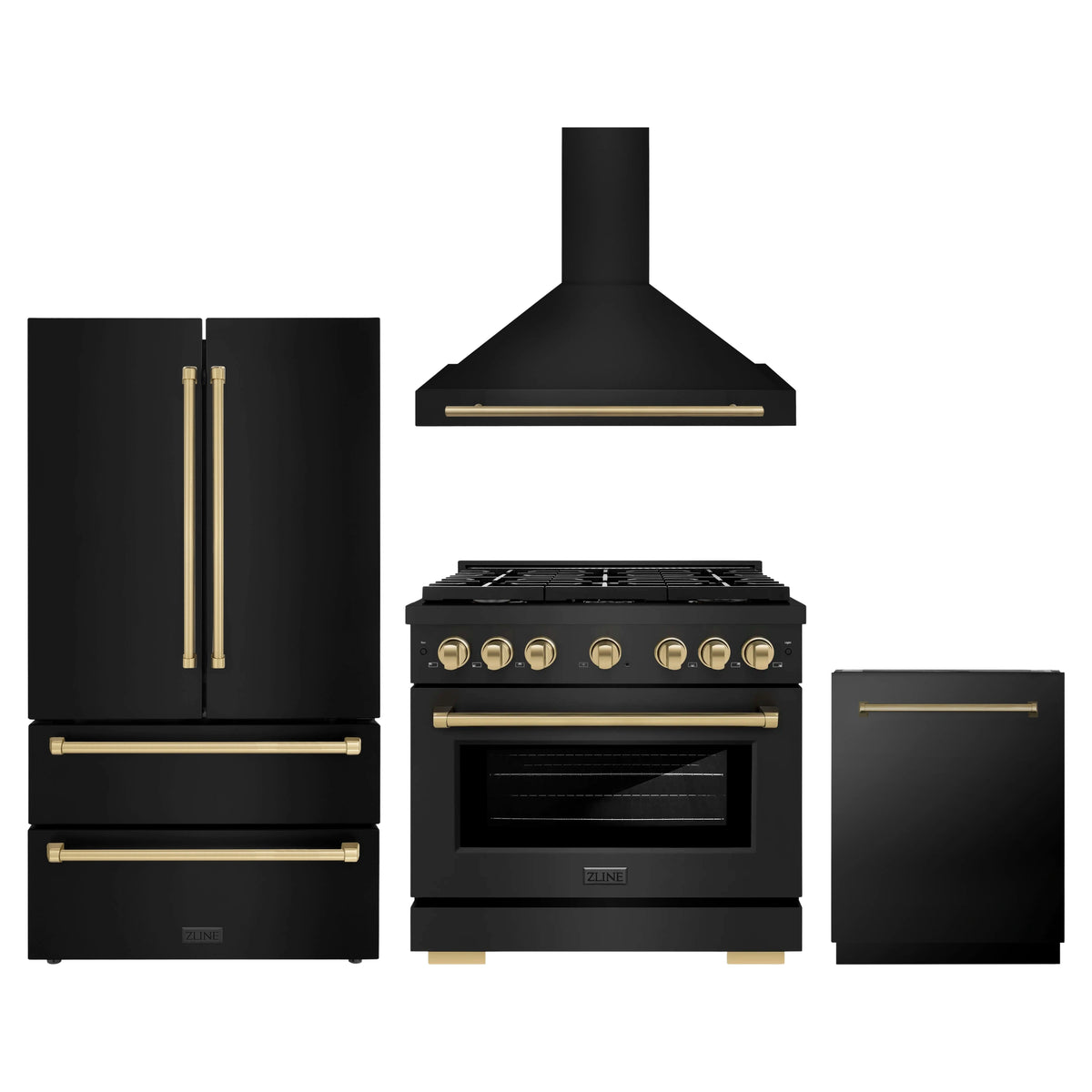 ZLINE 4-Piece Appliance Package - 36-Inch Paramount Gas Range, Wall Mount Range Hood, 36-Inch French Door Refrigerator, Dishwasher, in Black Stainless Steel with Champagne Bronze Accents