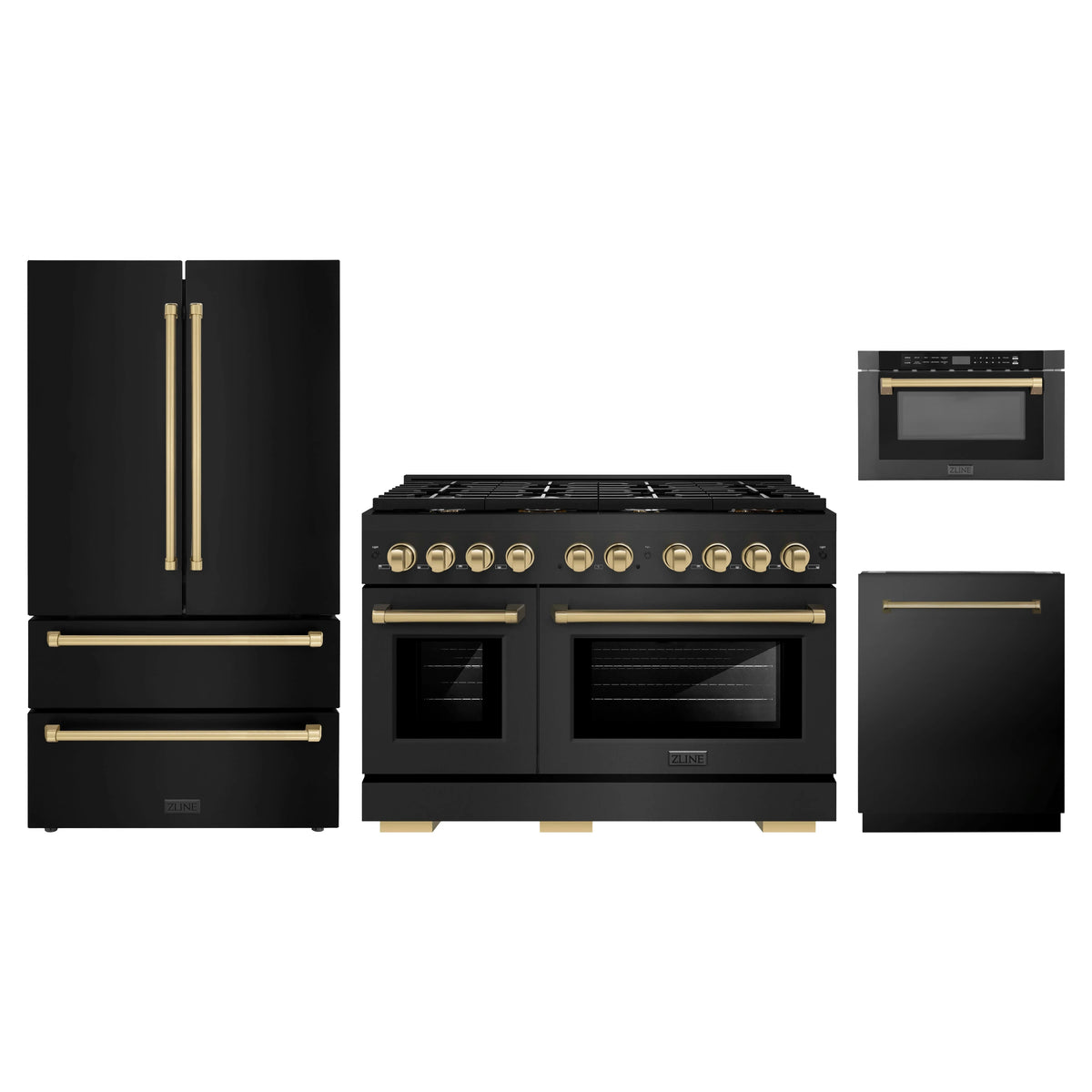ZLINE 4-Piece Appliance Package - 48-Inch Paramount Gas Range, Refrigerator, Dishwasher, and 24-Inch Microwave Drawer in Black Stainless Steel with Champagne Bronze Accents