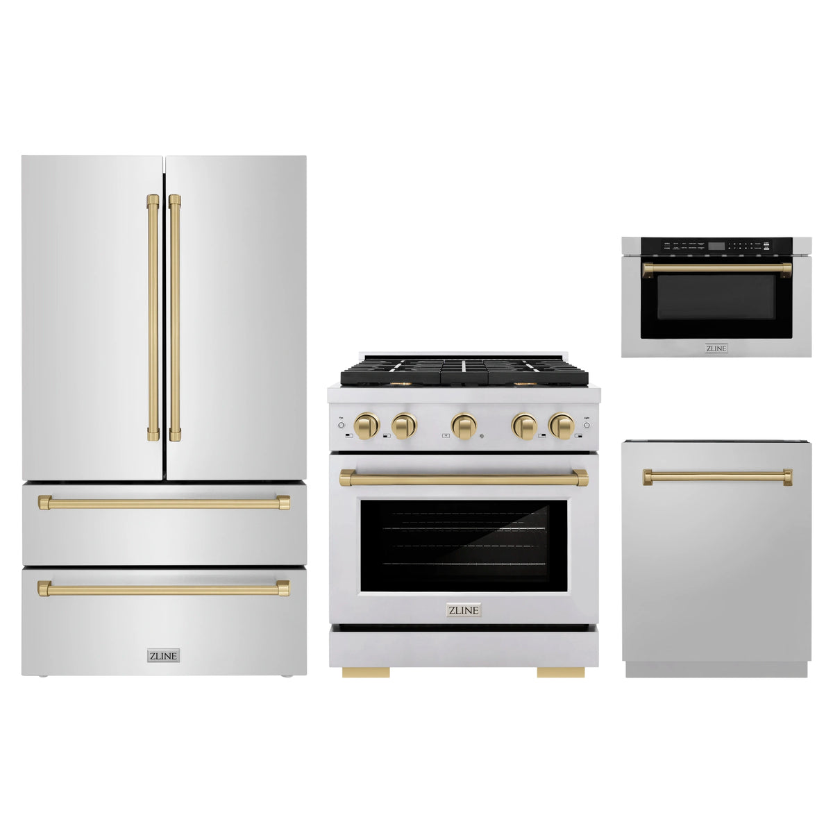 ZLINE 4-Piece Appliance Package - 30-Inch Paramount Gas Range, Refrigerator, Dishwasher, and 24-Inch Microwave Drawer in Stainless Steel with Champagne Bronze Accents