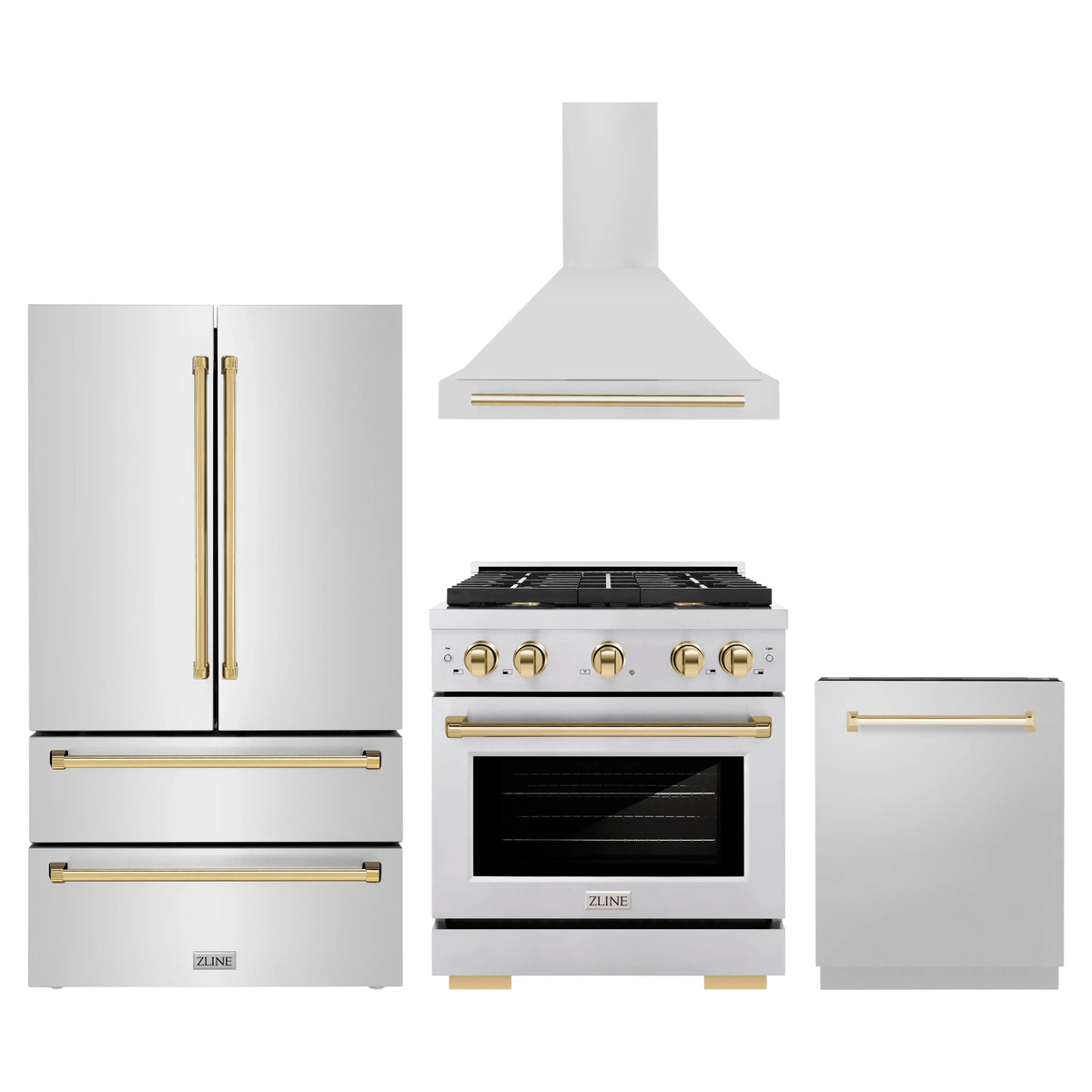 ZLINE 4-Piece Appliance Package - 30-Inch Paramount Autograph Gas Range, Wall Mount Range Hood, 36-Inch French Door Refrigerator, Dishwasher, in Stainless Steel with Gold Accents