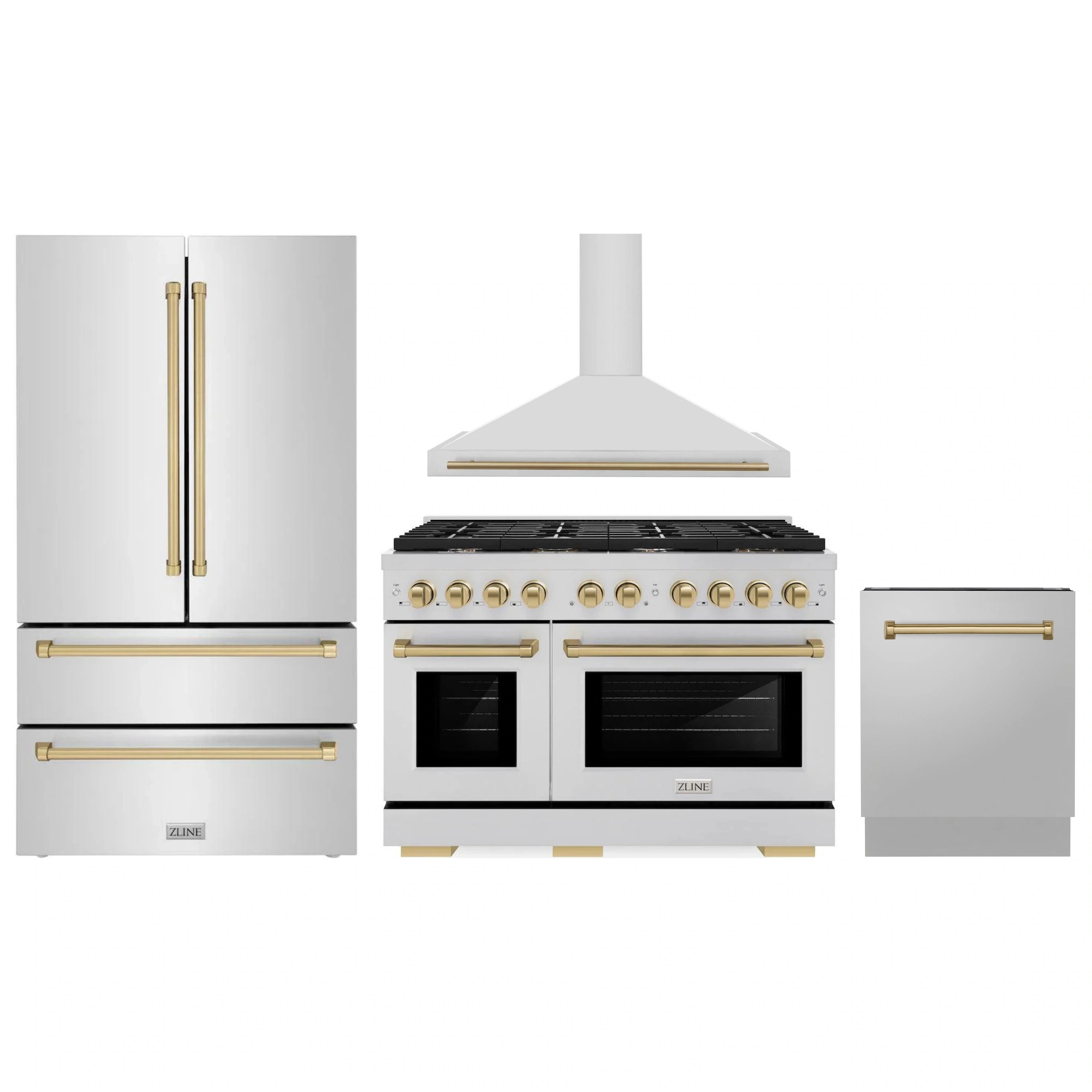 Stainless steel appliance set with gas range, refrigerator, and wall hood in champagne bronze