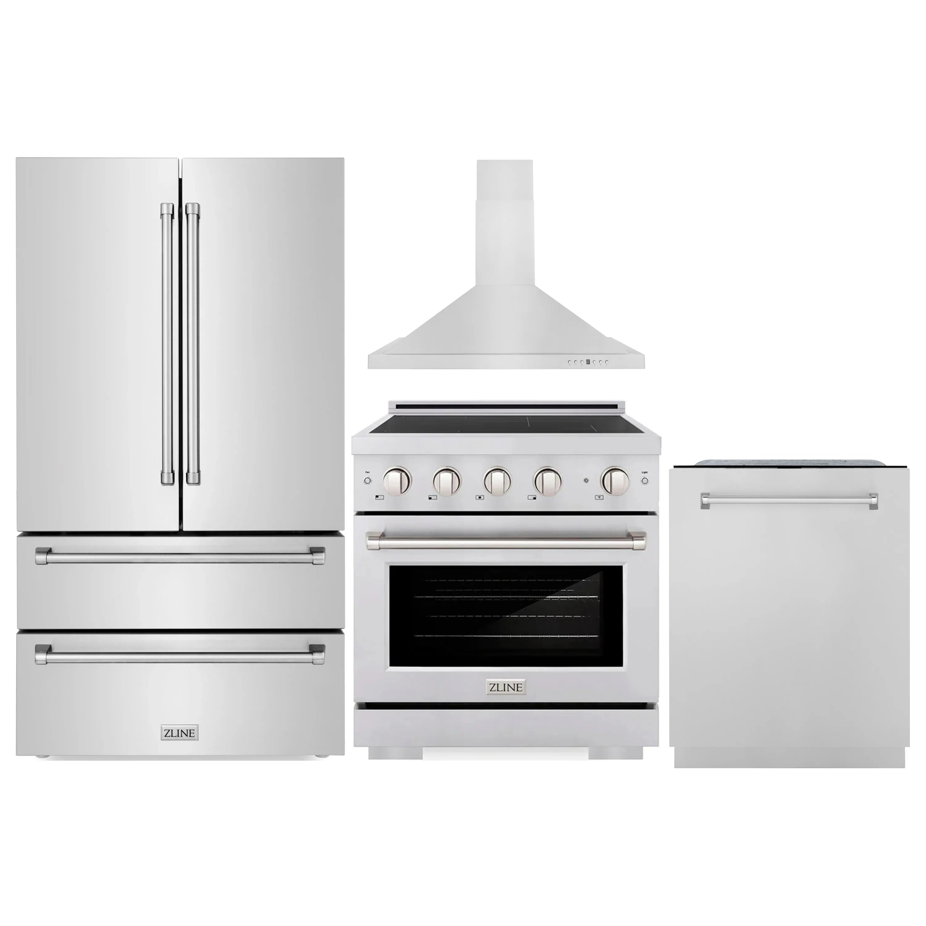 Stainless kitchen appliance set with refrigerator, induction range, and dishwasher