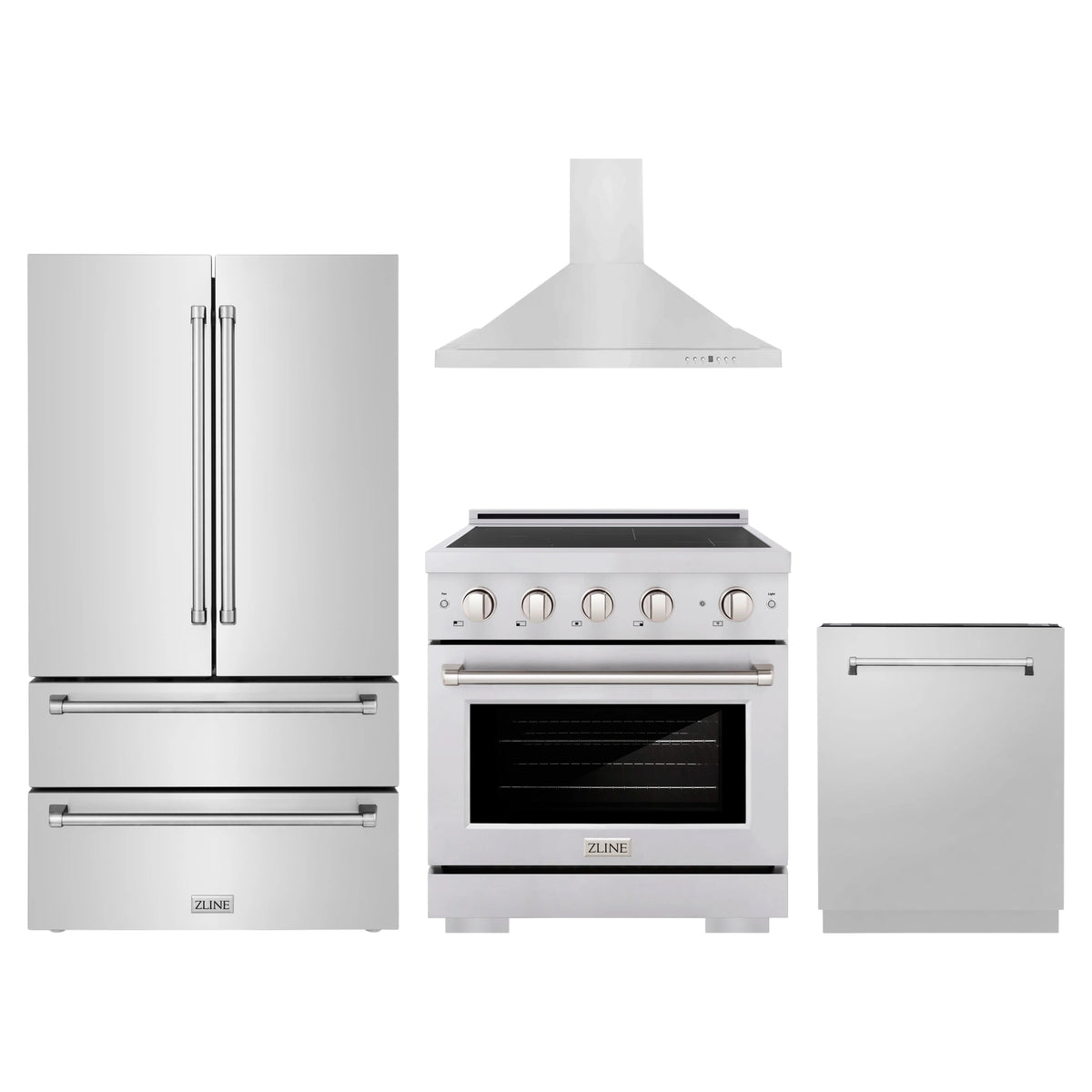 ZLINE 4-Piece Appliance Package - 30-Inch Paramount Induction Range, Wall Mount Range Hood, 36-Inch French Door Refrigerator, and Dishwasher in Stainless Steel