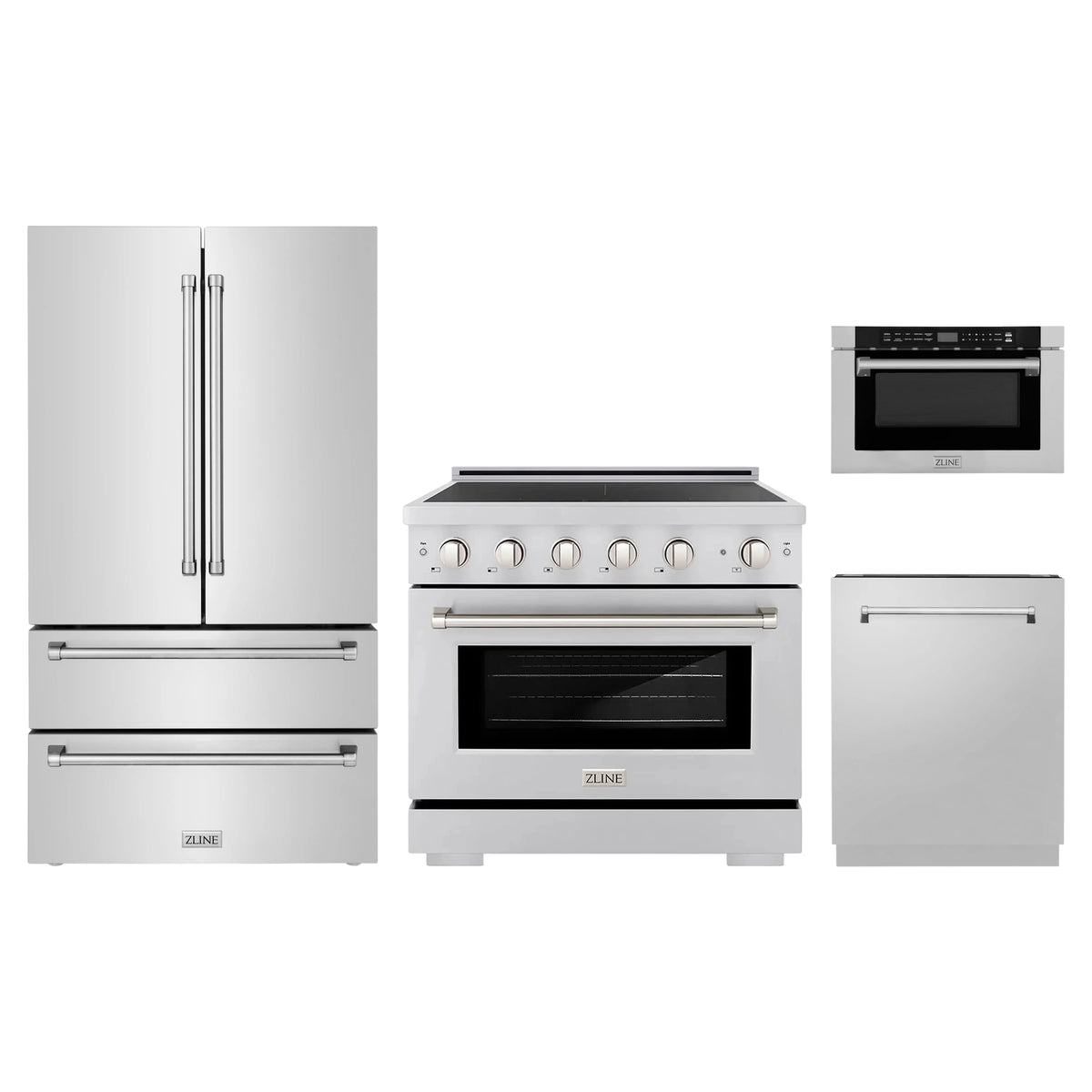 ZLINE 4-Piece Appliance Package - 36-Inch Paramount Induction Range, Refrigerator, Dishwasher, and 24-Inch Microwave Drawer in Stainless Steel