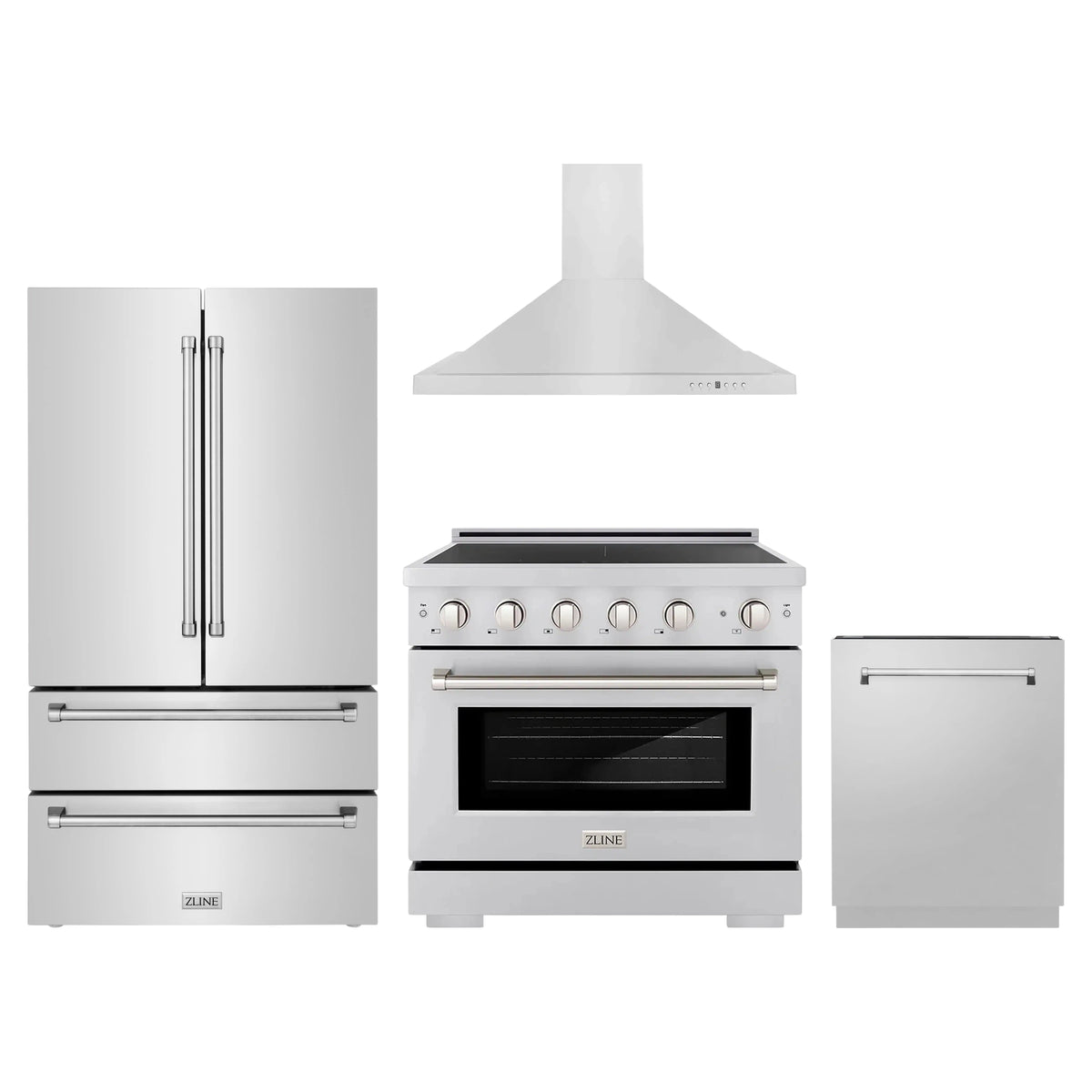 ZLINE 4-Piece Appliance Package - 36-Inch Paramount Induction Range, Wall Mount Range Hood, 36-Inch French Door Refrigerator, and Dishwasher in Stainless Steel