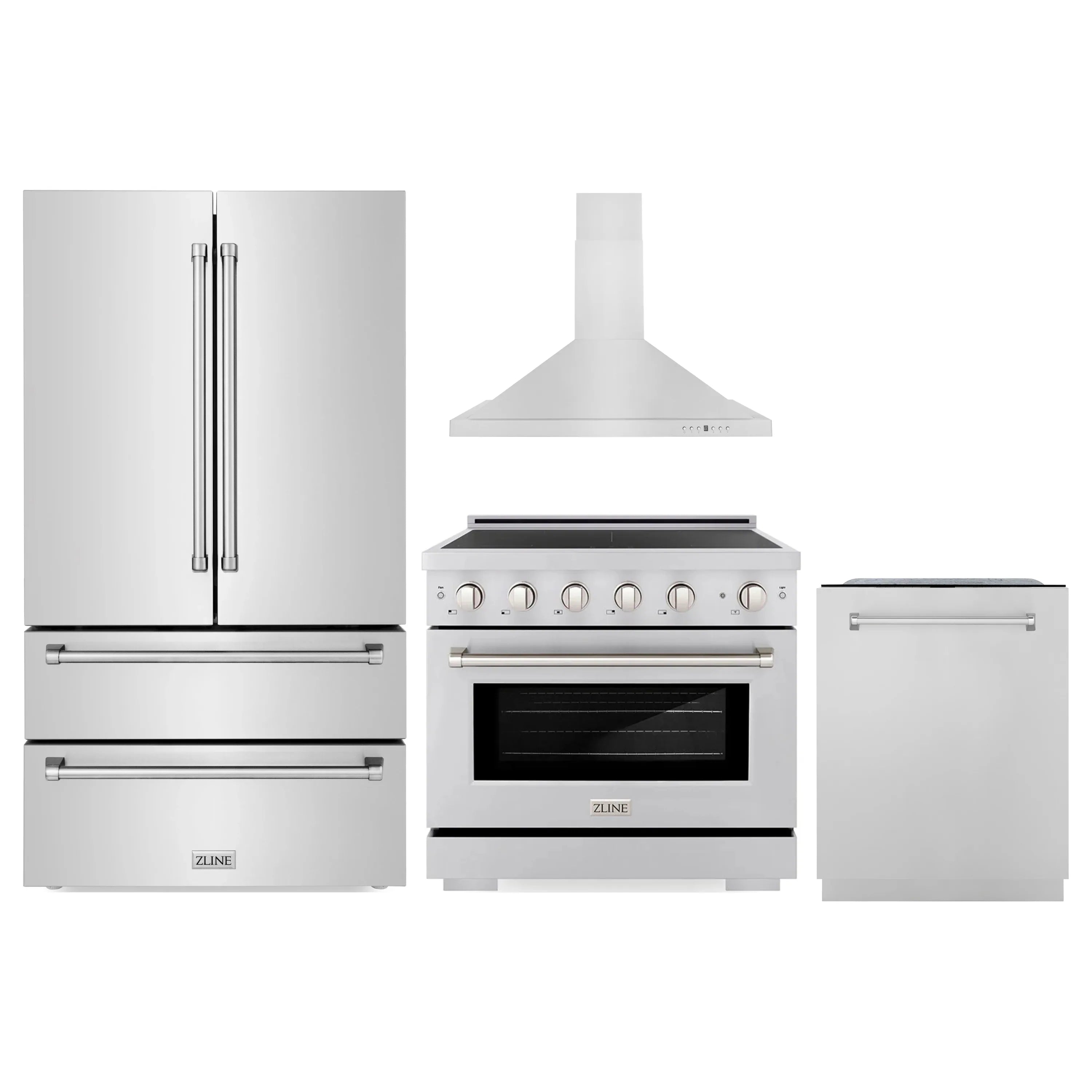 Stainless steel kitchen appliance set: refrigerator, range, hood, and dishwasher