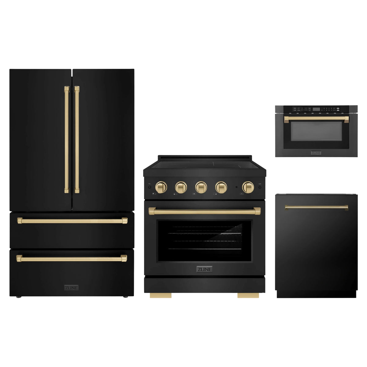 ZLINE 4-Piece Appliance Package - 30-Inch Paramount Induction Range, Refrigerator, Dishwasher, and 24-Inch Microwave Drawer in Black Stainless Steel with Champagne Bronze Accents