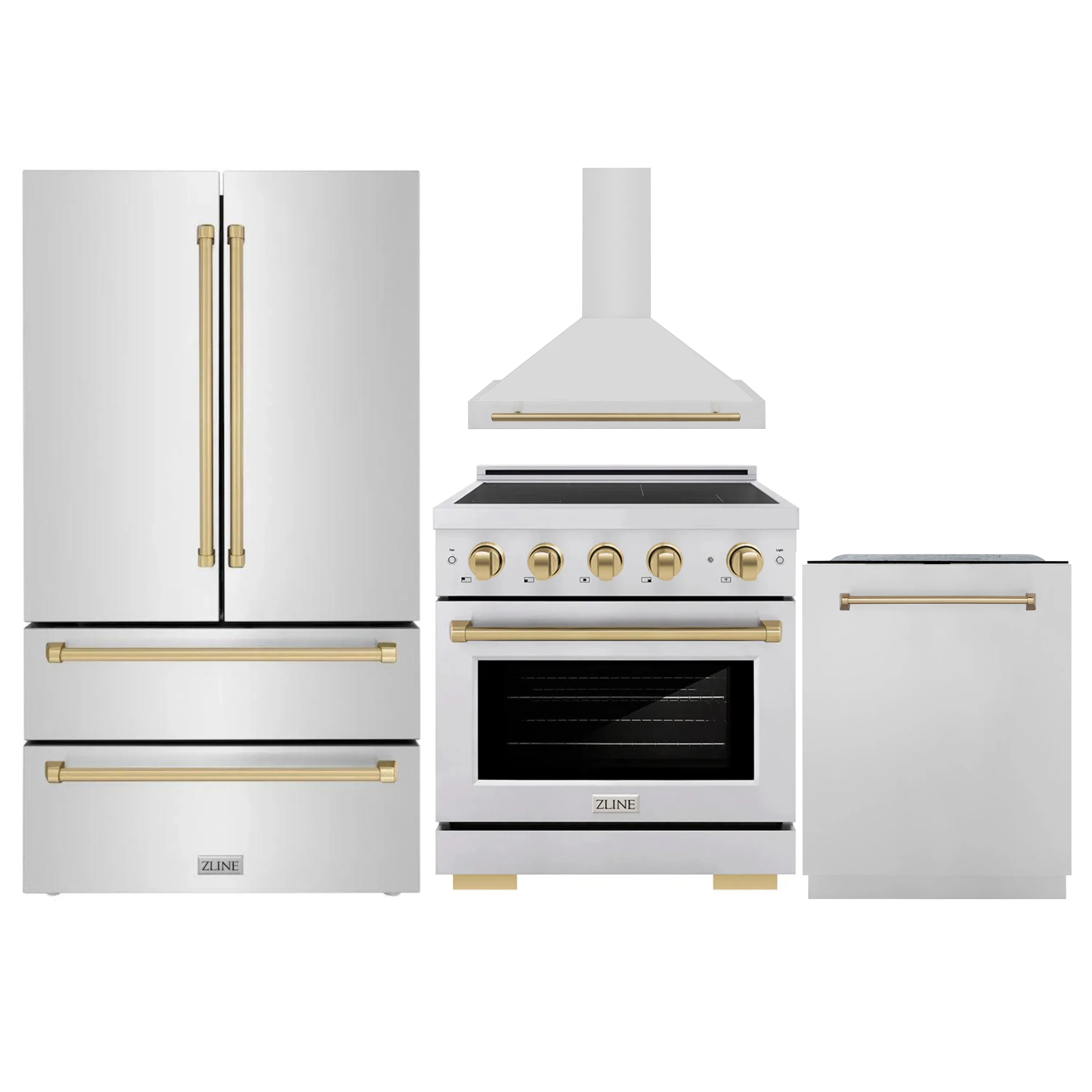 Stainless steel kitchen appliance set with refrigerator, range, and dishwasher