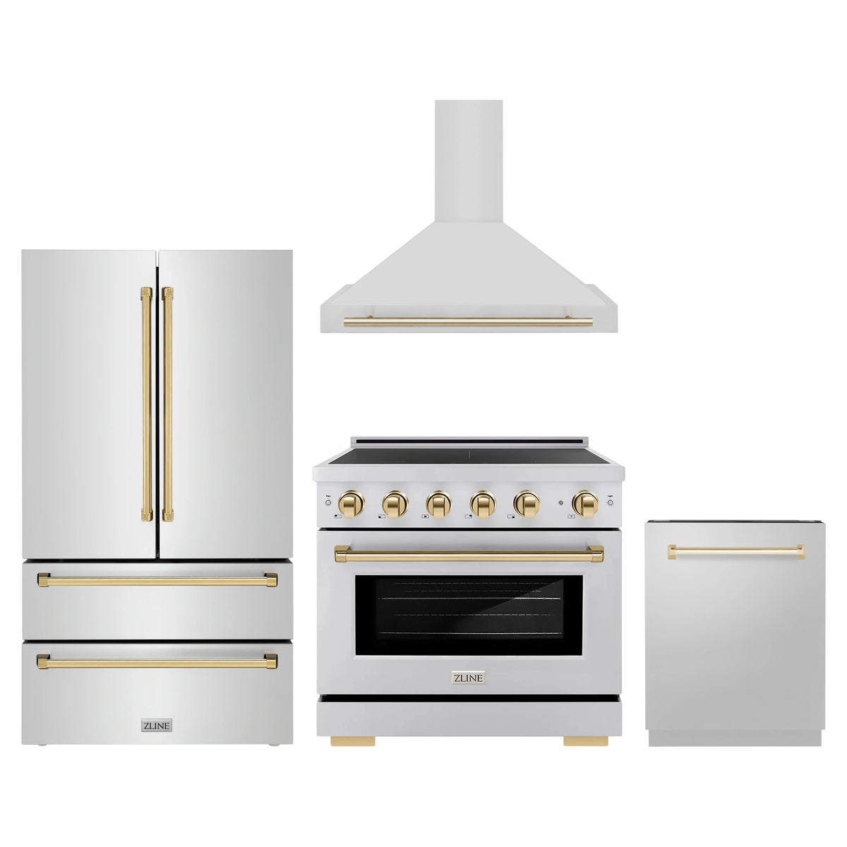 ZLINE 4-Piece Appliance Package - 36-Inch Autograph Edition Induction Range, Wall Mount Range Hood, 36-Inch French Door Refrigerator, and Dishwasher in Stainless Steel with Gold Trim