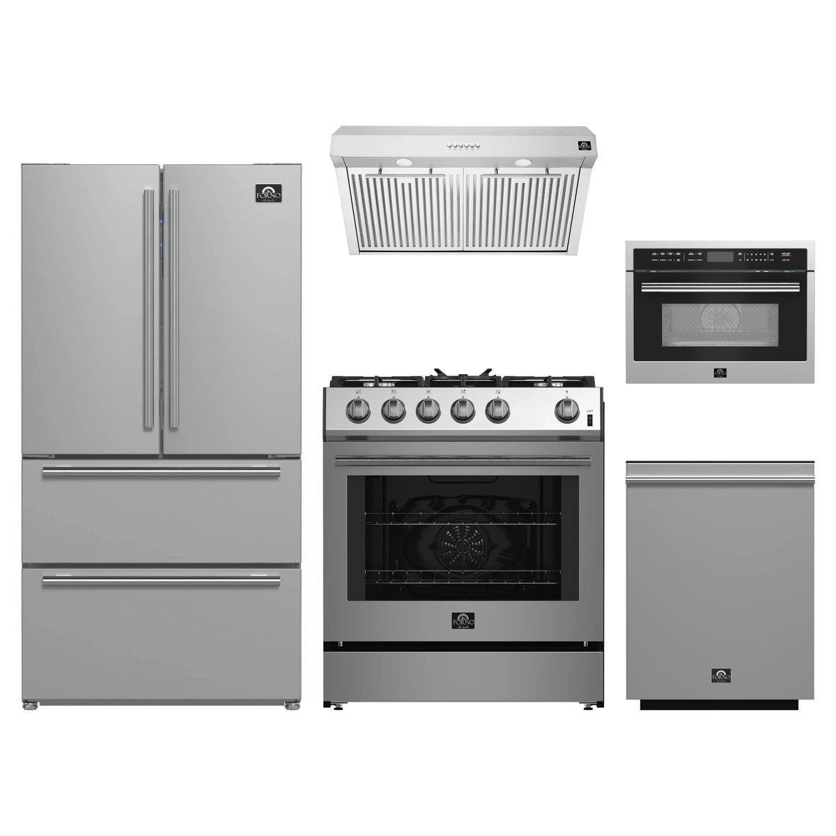 Forno 5-Piece Appliance Package - 30-Inch Gas Range, Under Cabinet Range Hood, Refrigerator, Dishwasher, and 24-Inch Microwave Oven in Stainless Steel