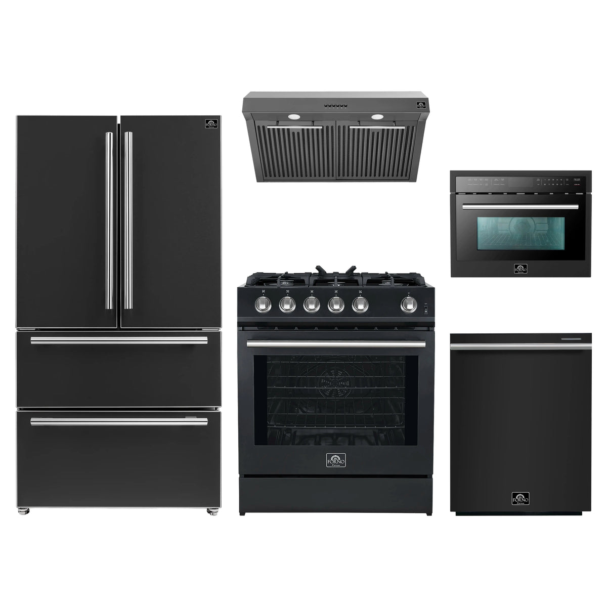 Forno 5-Piece Appliance Package - 30-Inch Gas Range, Under Cabinet Range Hood, Refrigerator, Dishwasher, and 24-Inch Microwave Oven in Black with Stainless Steel Trim