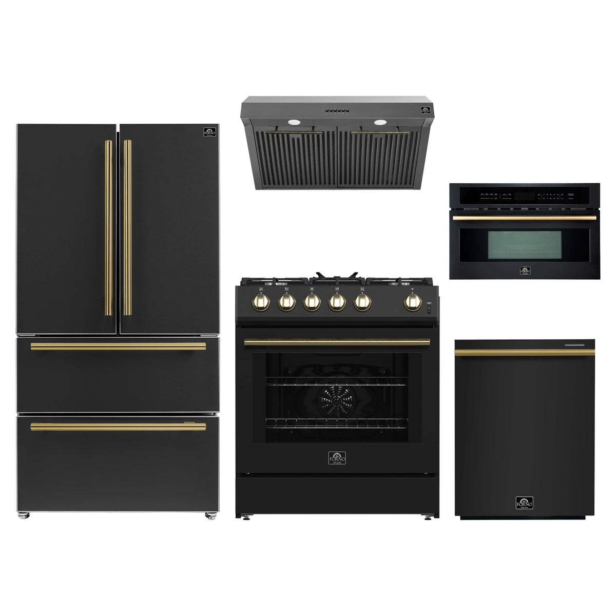 Forno 5-Piece Appliance Package - 30-Inch Gas Range, Under Cabinet Range Hood, Refrigerator, Dishwasher, and 30-Inch Microwave Oven in Black with Antique Brass Trim