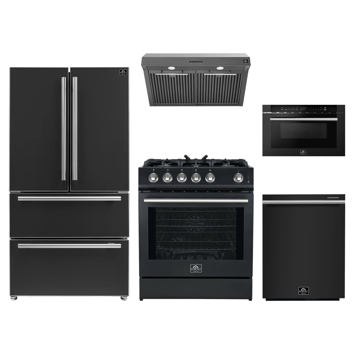 Forno 5-Piece Appliance Package - 30-Inch Gas Range, Under Cabinet Range Hood, French Door Refrigerator, Dishwasher, and Microwave Drawer in Black with Stainless Steel Trim