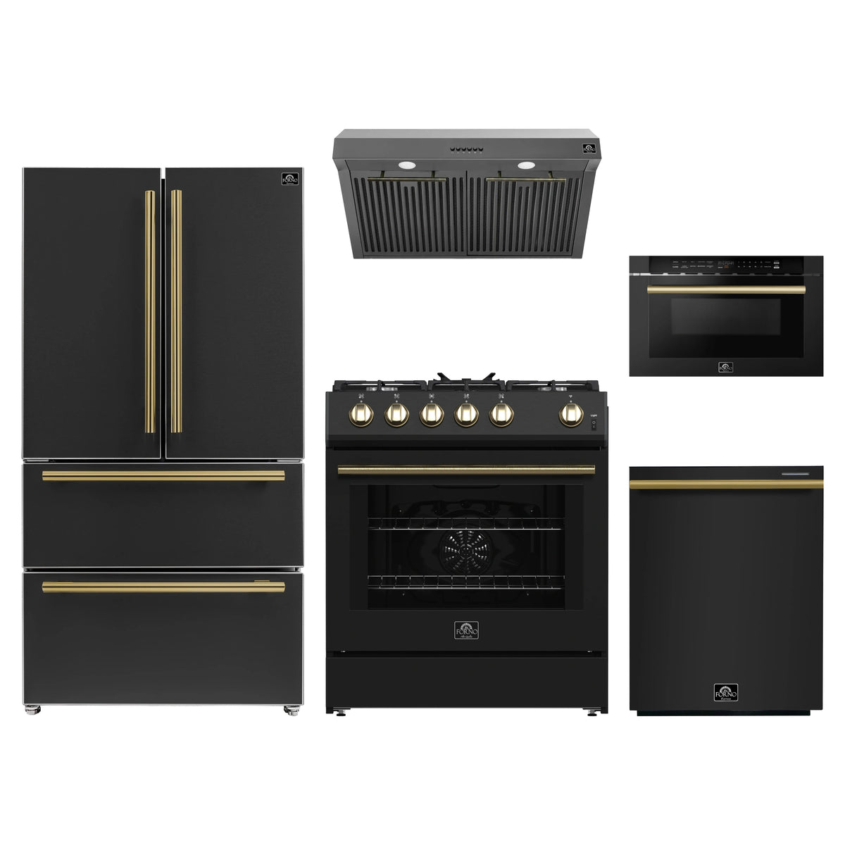 Forno 5-Piece Appliance Package - 30-Inch Gas Range, Under Cabinet Range Hood, French Door Refrigerator, Dishwasher, and Microwave Drawer in Black with Antique Brass Trim