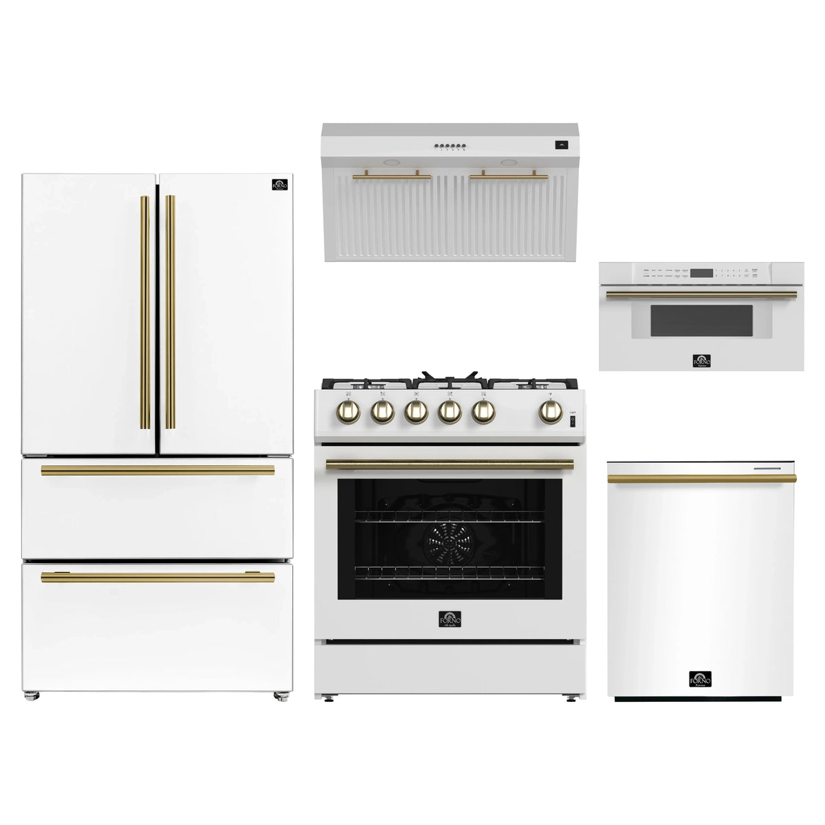 Forno 5-Piece Appliance Package - 30-Inch Gas Range, Under Cabinet Range Hood, Refrigerator, Dishwasher, and 30-Inch Microwave Drawer in White with Antique Brass Trim