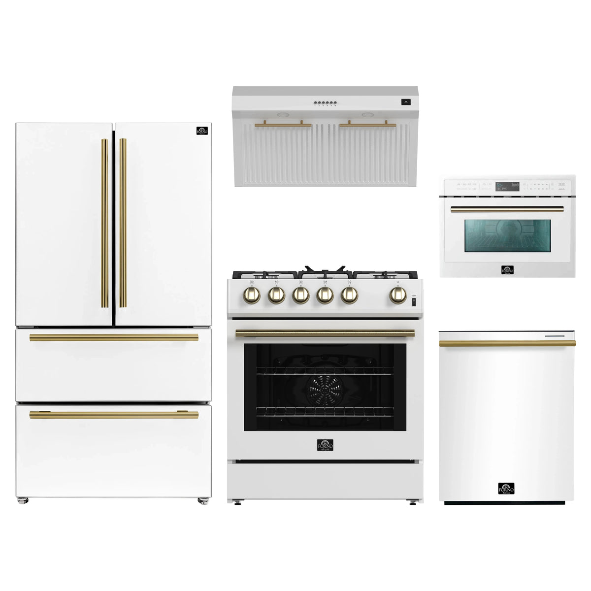 Forno 5-Piece Appliance Package - 30-Inch Gas Range, Under Cabinet Range Hood, Refrigerator, Dishwasher, and 24-Inch Microwave Oven in White with Antique Brass Trim