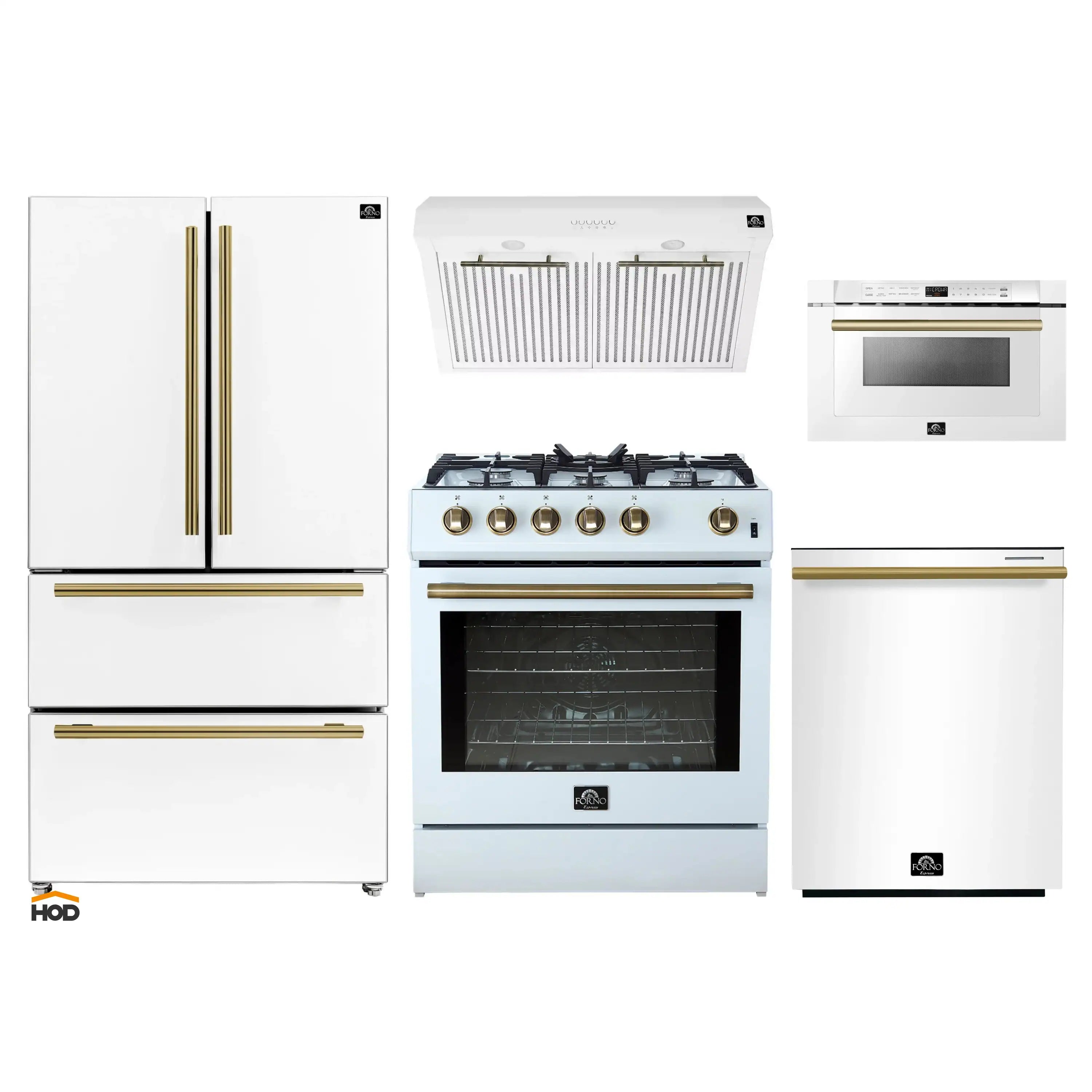 White 5-piece appliance set with antique brass trim, including range and refrigerator