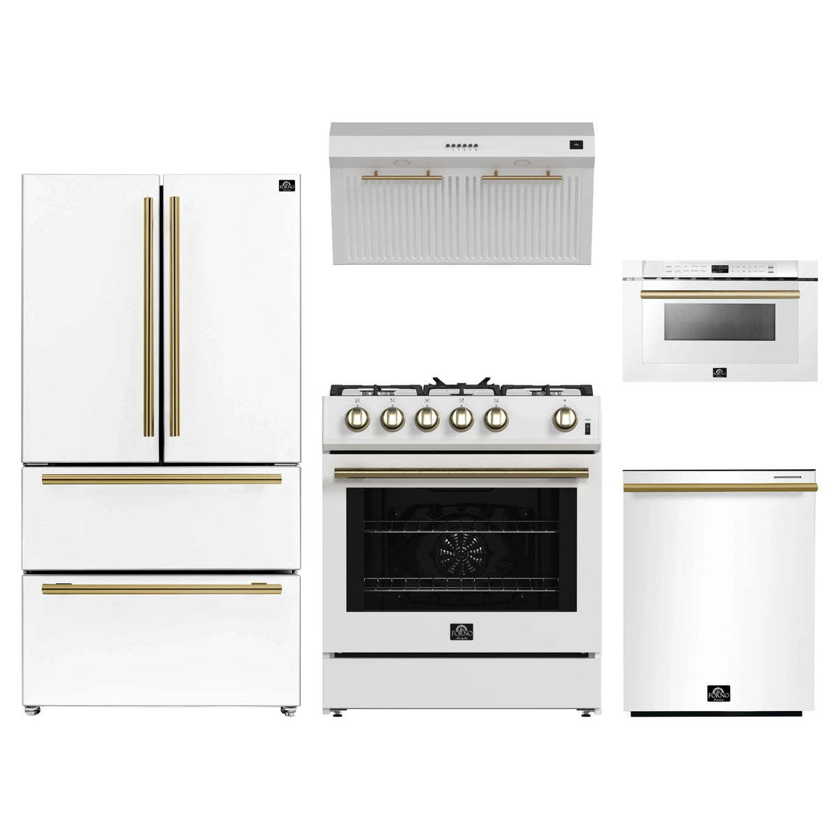 Forno 5-Piece Appliance Package - 30-Inch Gas Range, Under Cabinet Range Hood, French Door Refrigerator, Dishwasher, and Microwave Drawer in White with Antique Brass Trim