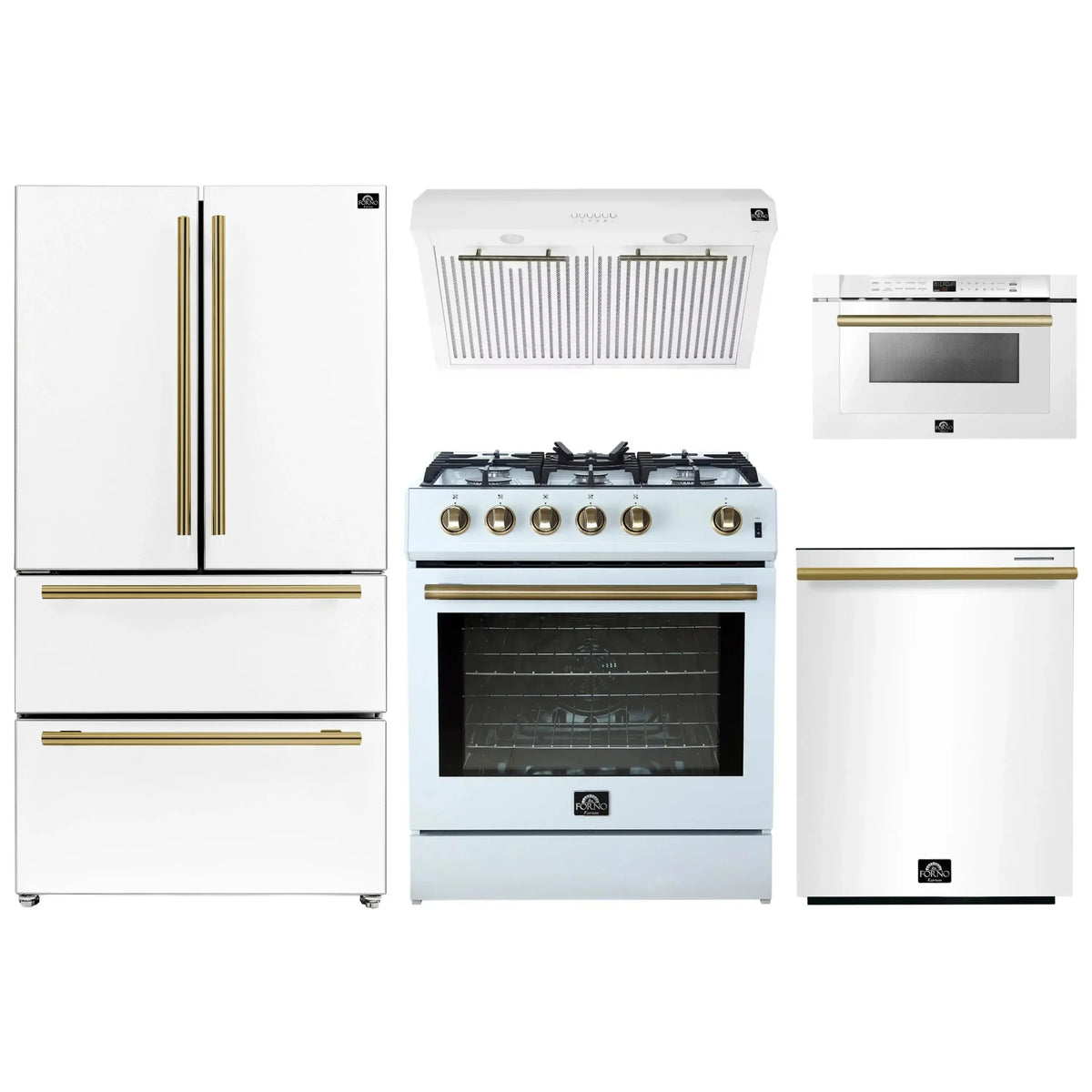 Forno 5-Piece Appliance Package - 30-Inch Gas Range, Under Cabinet Range Hood, French Door Refrigerator, Dishwasher, and Microwave Drawer in White with Antique Brass Trim