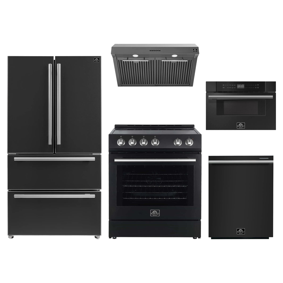 Forno 5-Piece Appliance Package - 30-Inch Electric Range, Under Cabinet Range Hood, French Door Refrigerator, Dishwasher, and 30-Inch Microwave Drawer in Black with Stainless Steel Trim