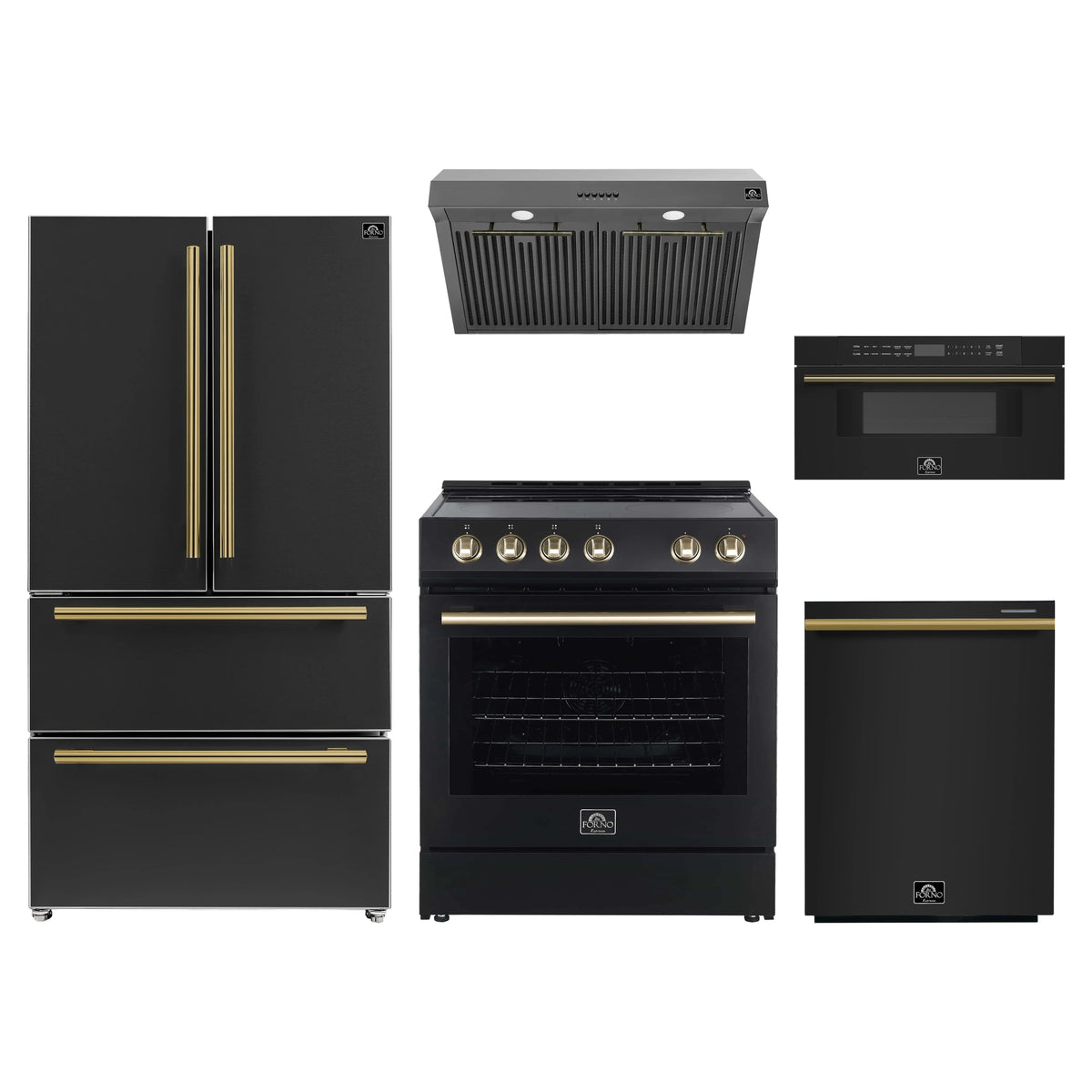 Forno 5-Piece Appliance Package - 30-Inch Electric Range, Under Cabinet Range Hood, French Door Refrigerator, Dishwasher, and 30-Inch Microwave Drawer in Black with Antique Brass Trim