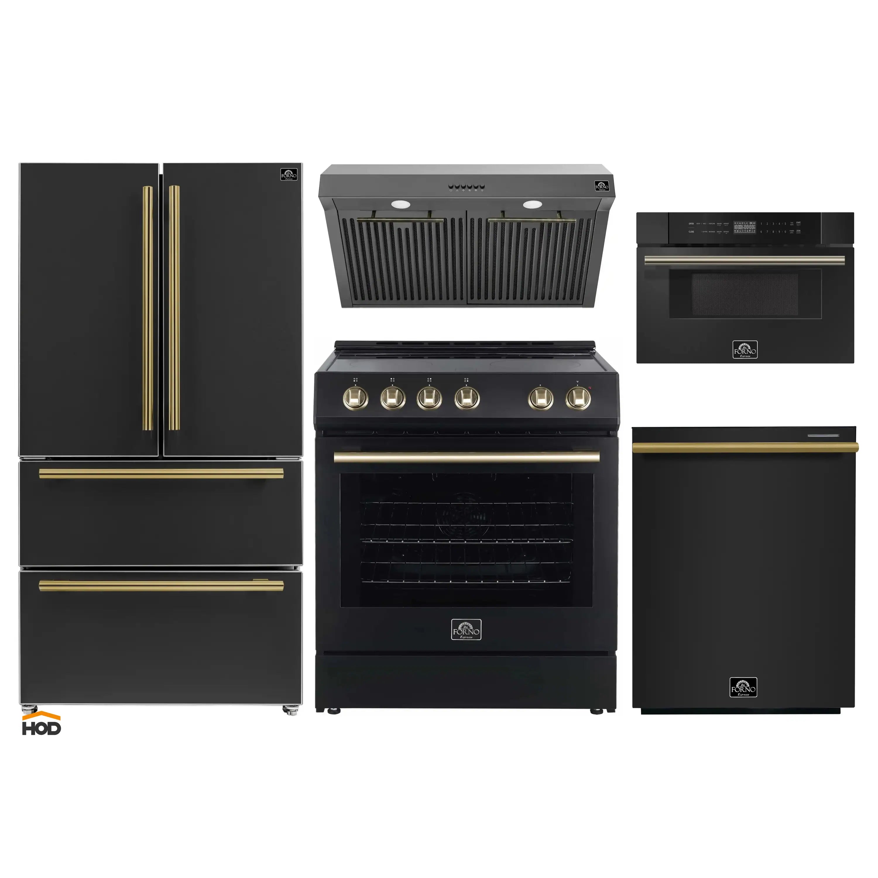 Black 5-piece appliance package with antique brass accents: range, hood, fridge, dishwasher