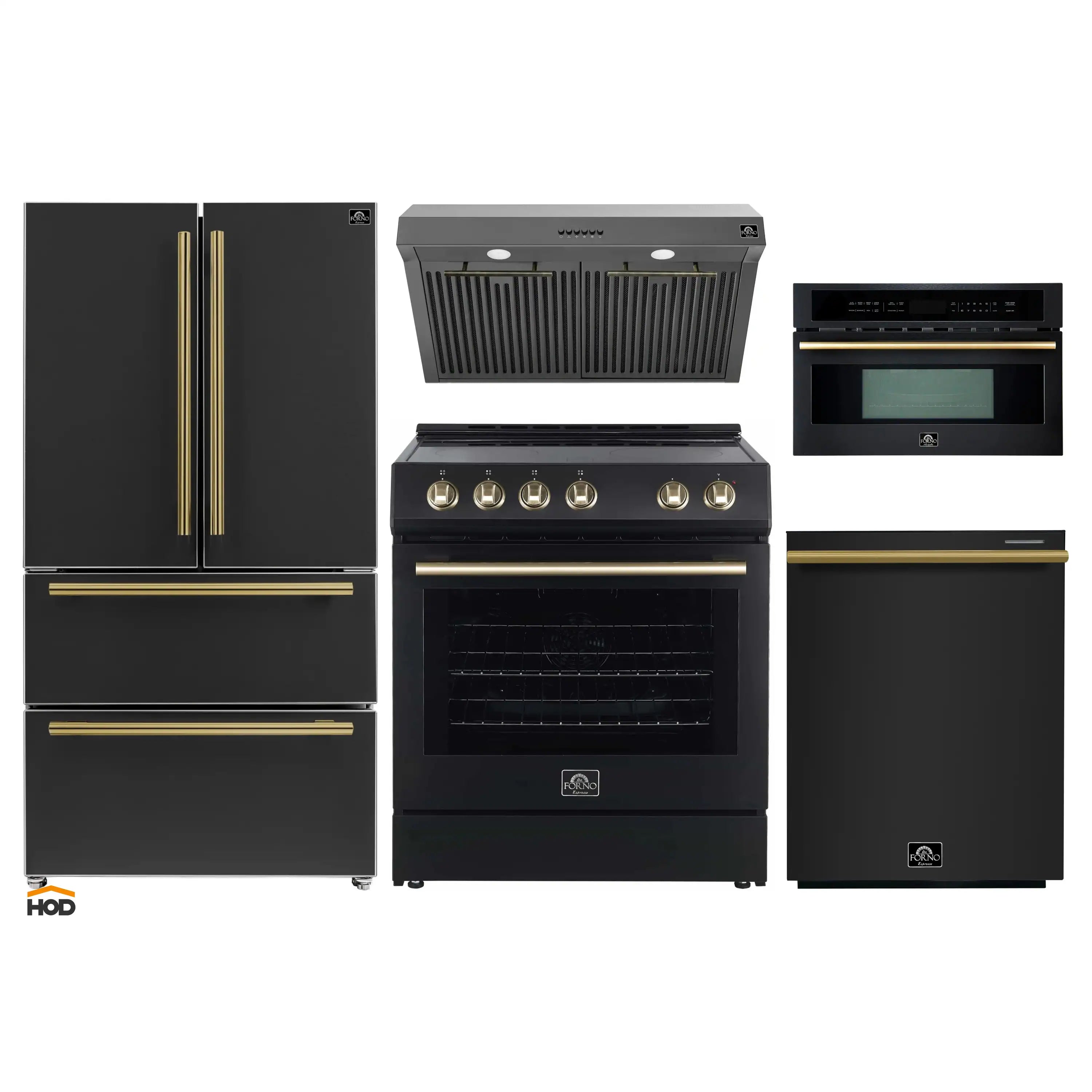 Black 5-piece kitchen appliance package with antique brass accents and stainless highlights