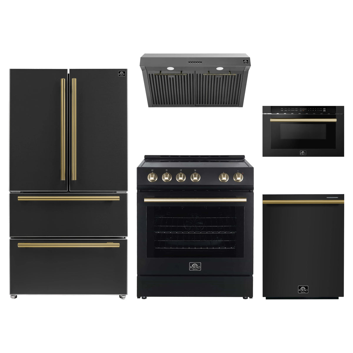 Forno 5-Piece Appliance Package - 30-Inch Electric Range, Under Cabinet Range Hood, French Door Refrigerator, Dishwasher, & 24-Inch Microwave Drawer in Black with Antique Brass Trim