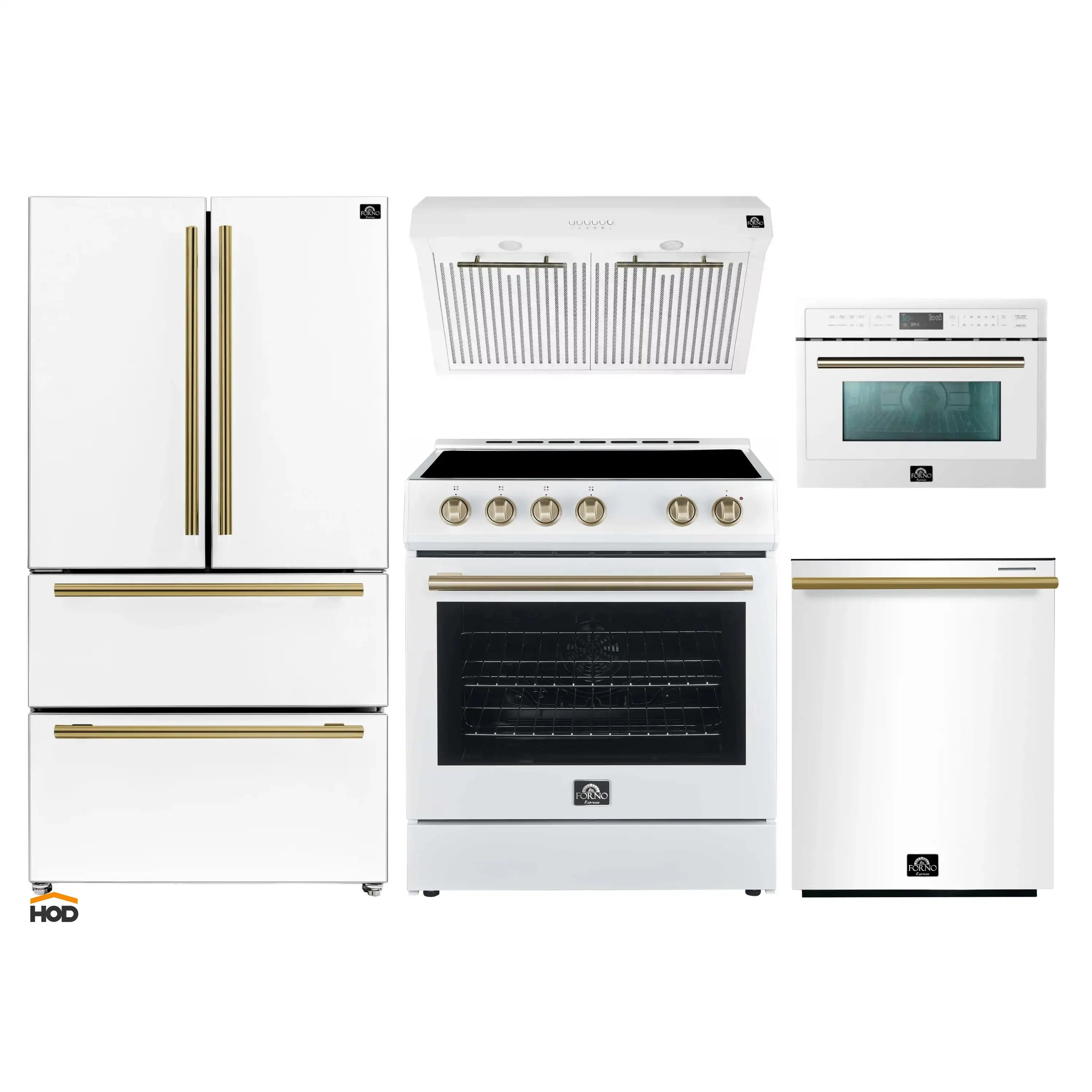 White kitchen appliance set with range, refrigerator, microwave, and range hood with brass trim