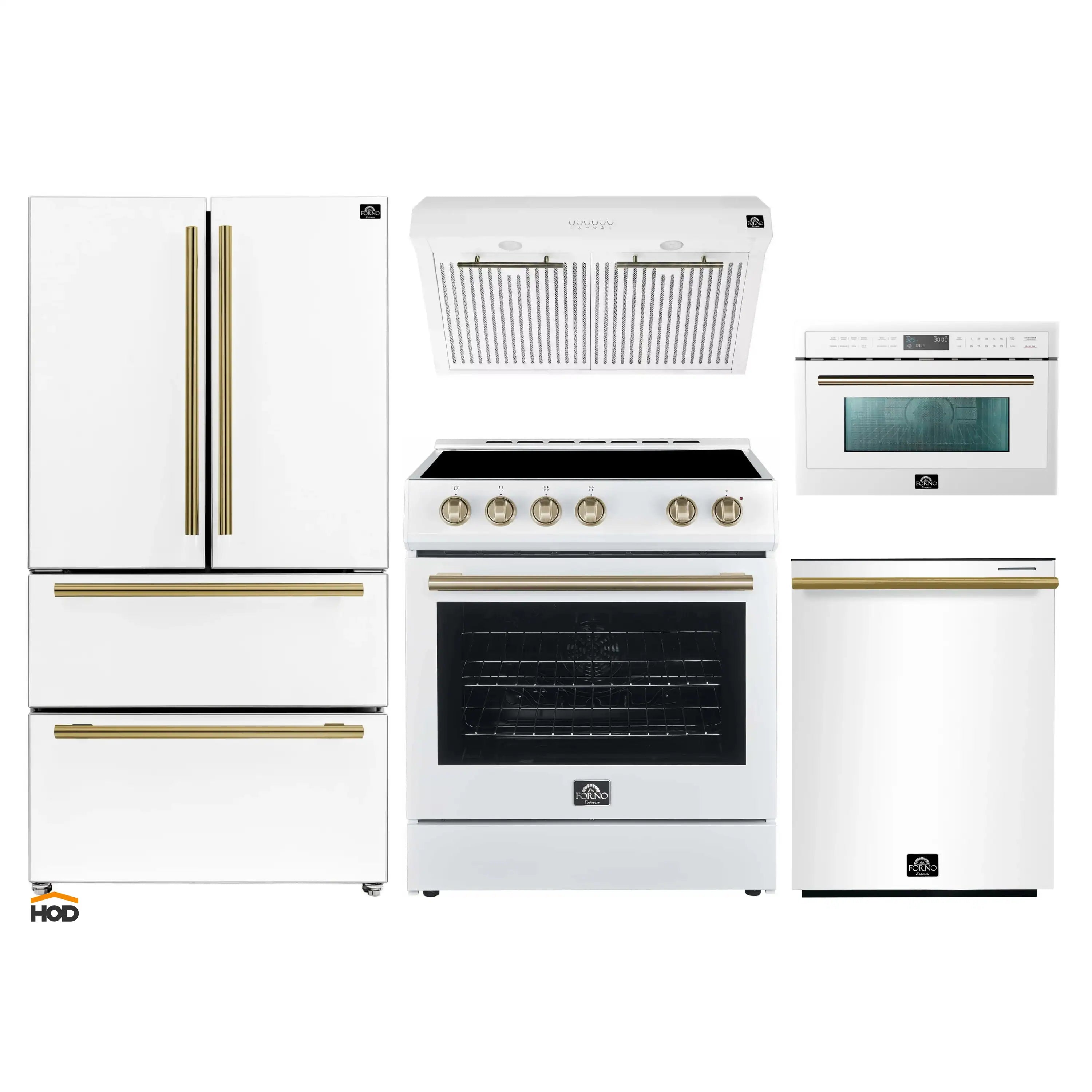 White appliance set with antique brass trim: refrigerator, range, dishwasher, and microwave