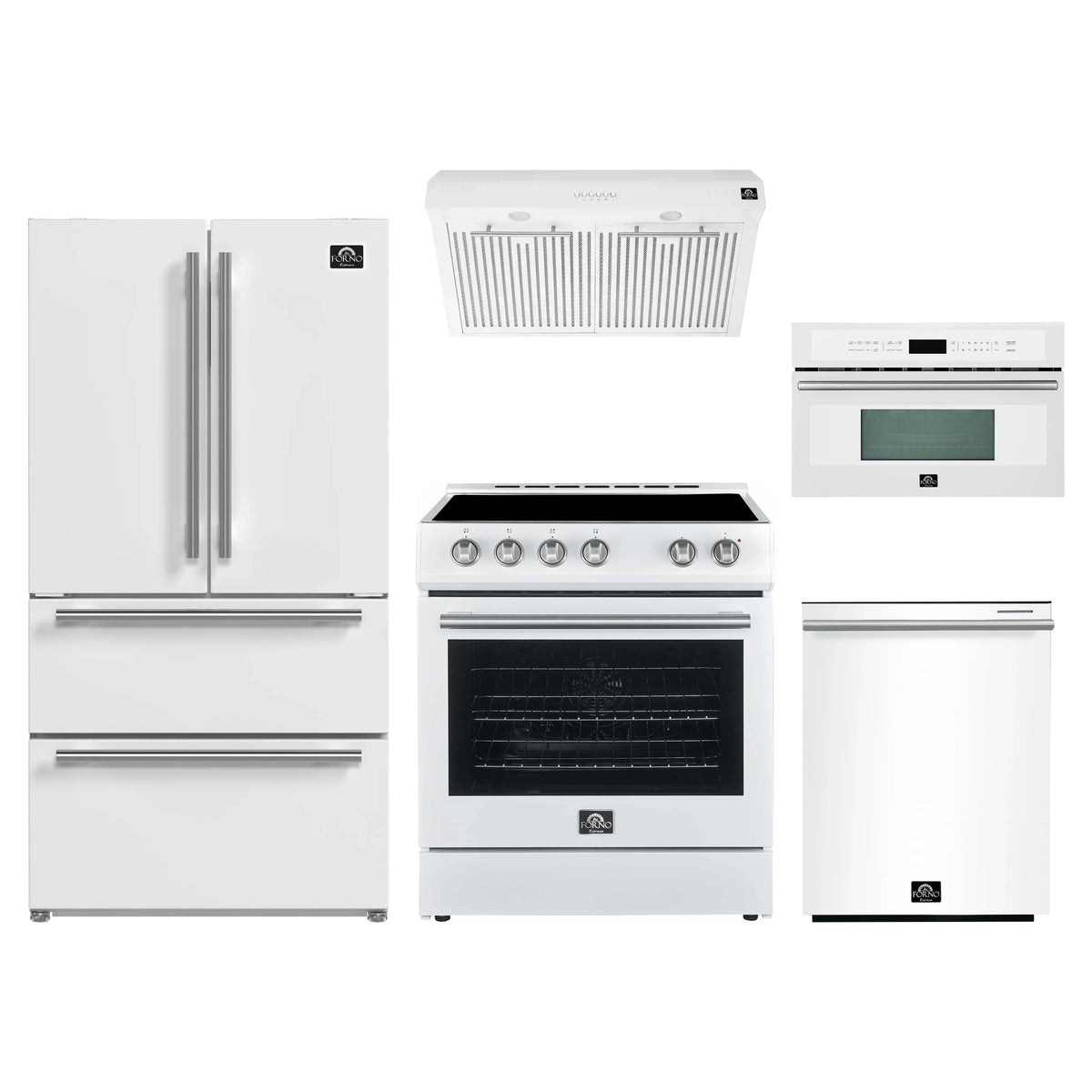 Forno 5-Piece Appliance Package - 30-Inch Electric Range, Under Cabinet Range Hood, Refrigerator, Dishwasher, and 30-Inch Microwave Oven in White with Stainless Steel Trim