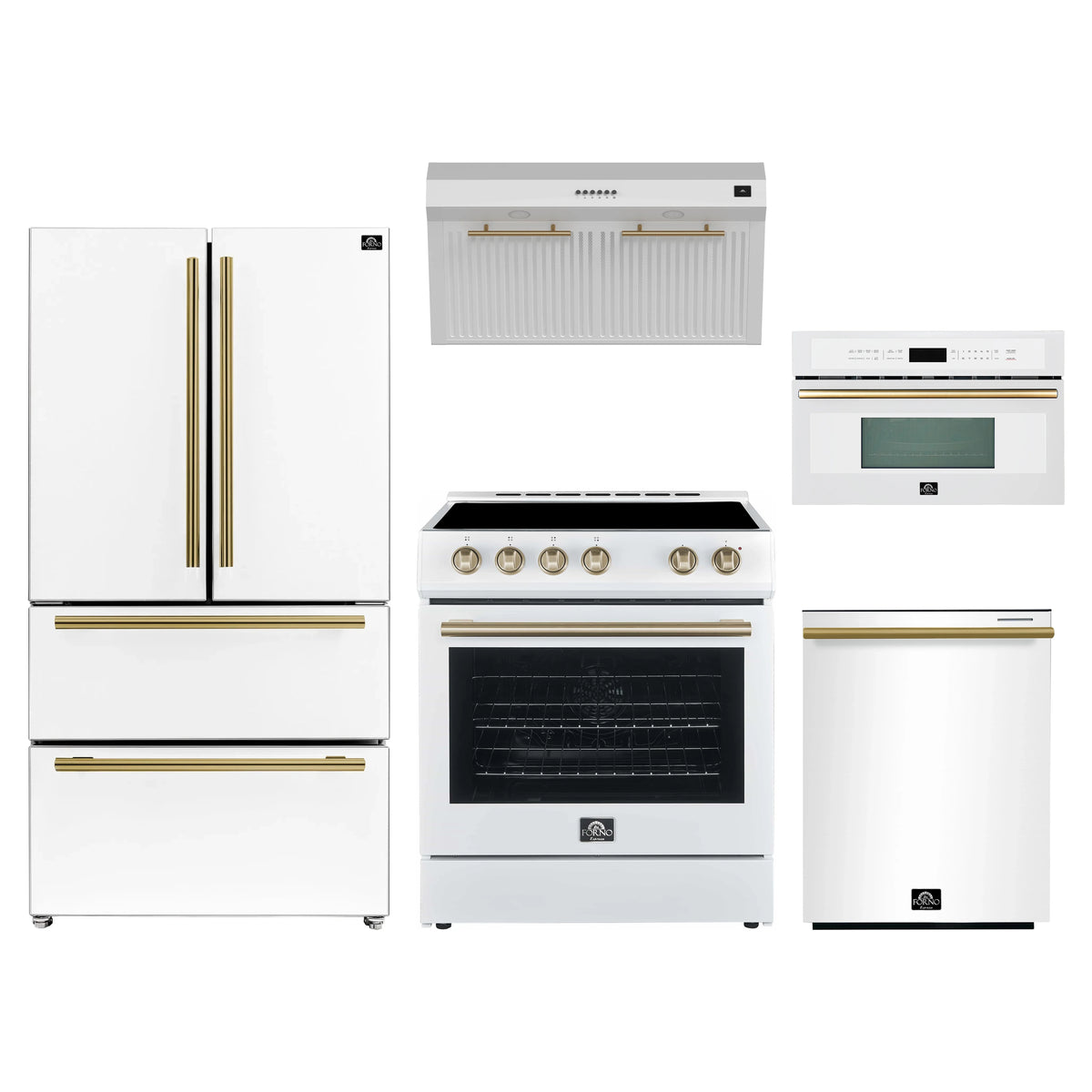 Forno 5-Piece Appliance Package - 30-Inch Electric Range, Under Cabinet Range Hood, Refrigerator, Dishwasher, and 30-Inch Microwave Oven in White with Antique Brass Trim