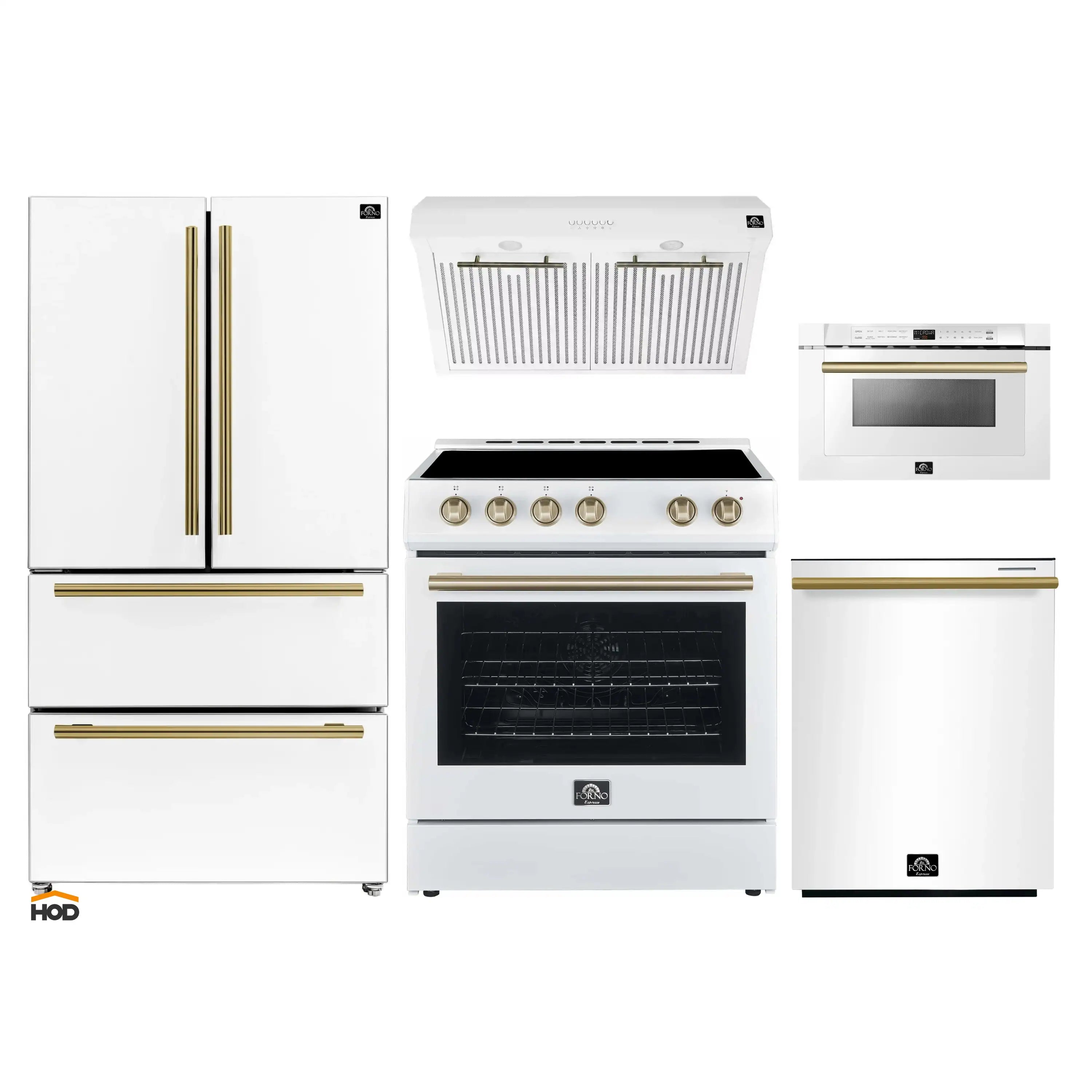 White 5-piece appliance set with antique brass trim: fridge, range, dishwasher, microwave