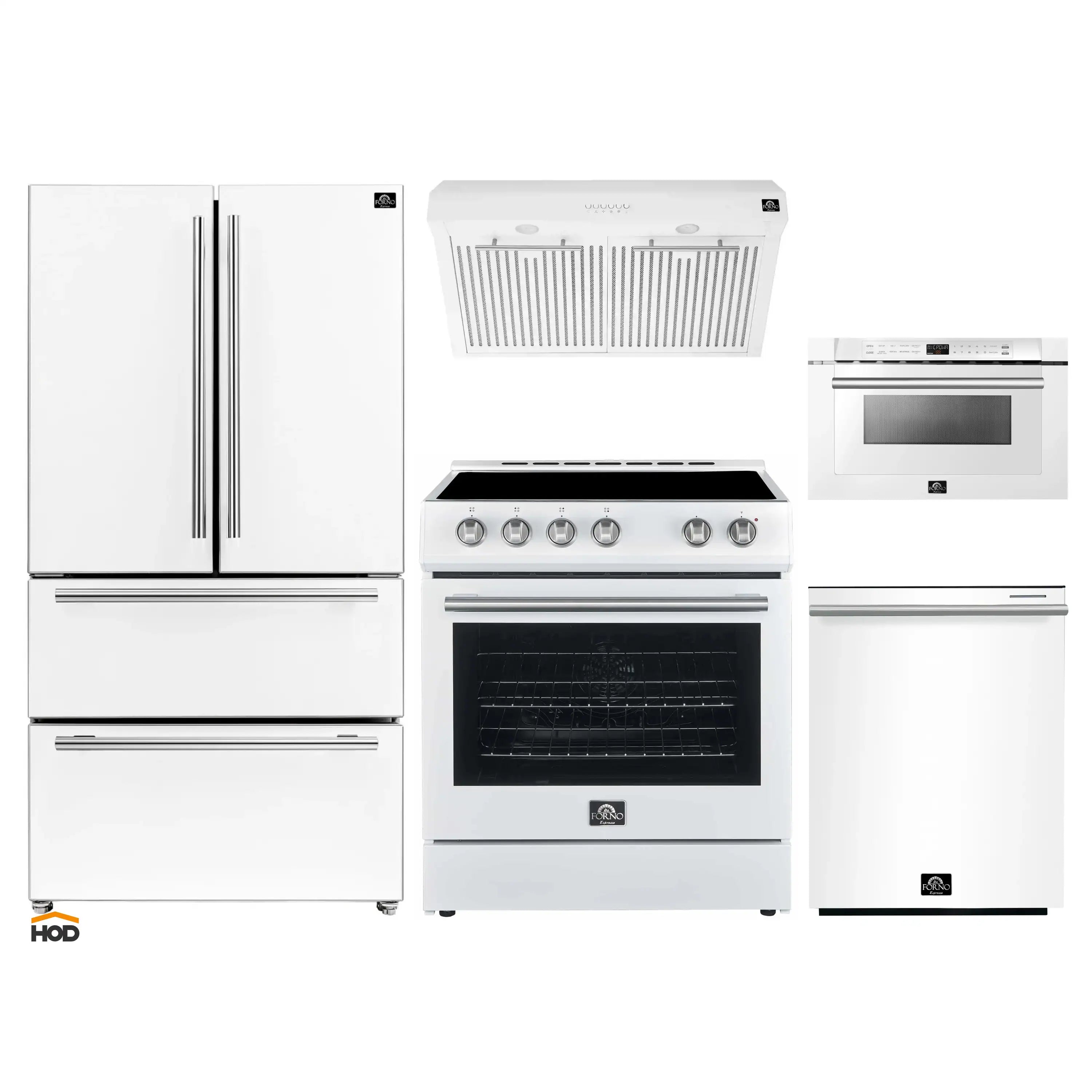 White kitchen appliance set with French door refrigerator, electric range, and dishwasher