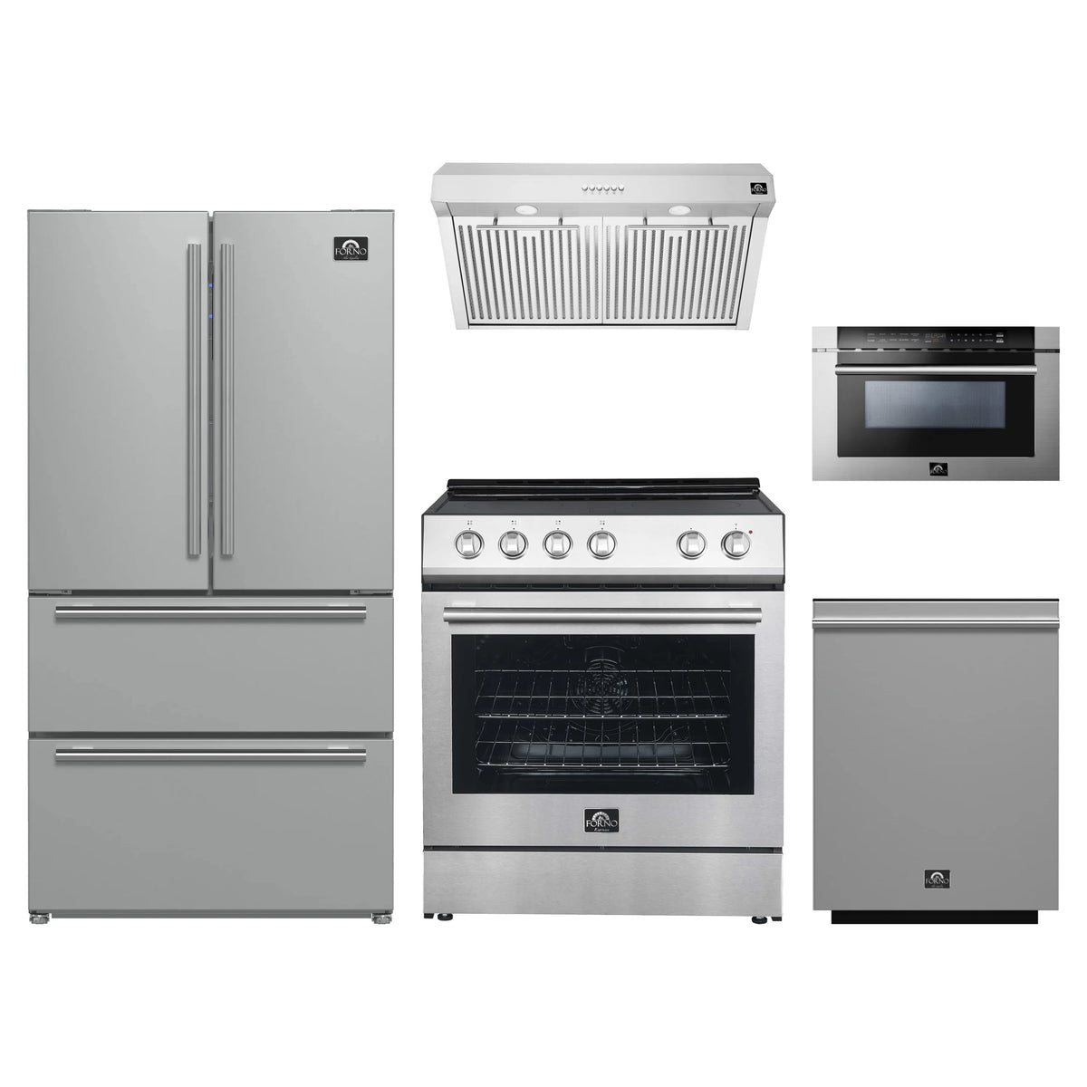 Forno 5-Piece Appliance Package - 30-Inch Electric Range, Under Cabinet Range Hood, French Door Refrigerator, Dishwasher, & Microwave Drawer in Stainless Steel