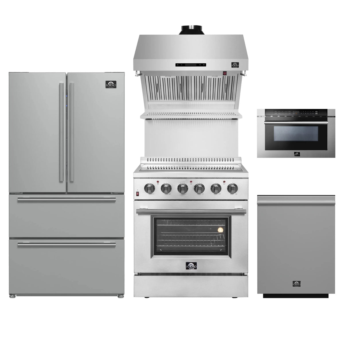 Forno 5-Piece Appliance Package - 30-Inch Electric Range, Wall Mount Range Hood with Backsplash, French Door Refrigerator, Dishwasher, and 24-Inch Microwave Drawer in Stainless Steel