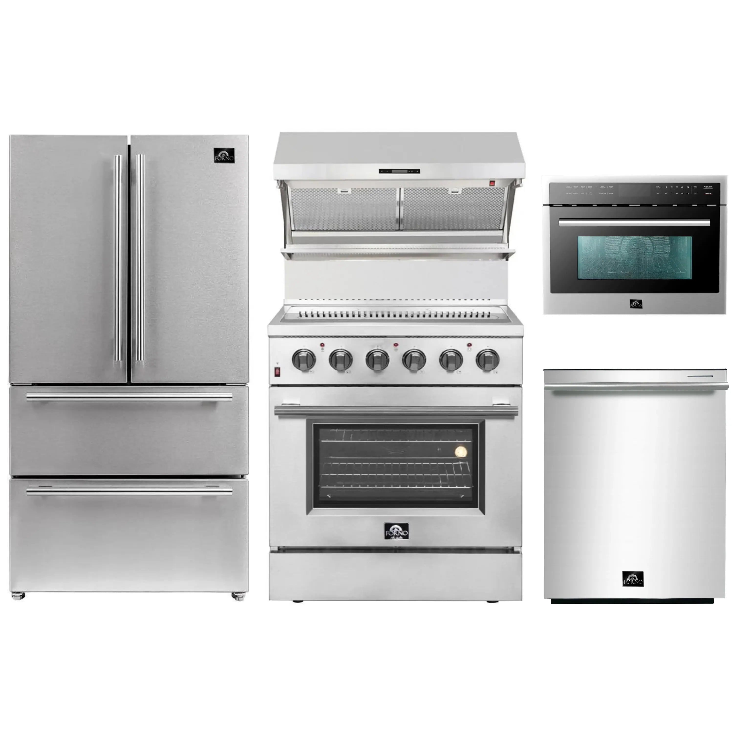 Stainless steel kitchen appliance set with refrigerator, range, microwave, dishwasher, hood