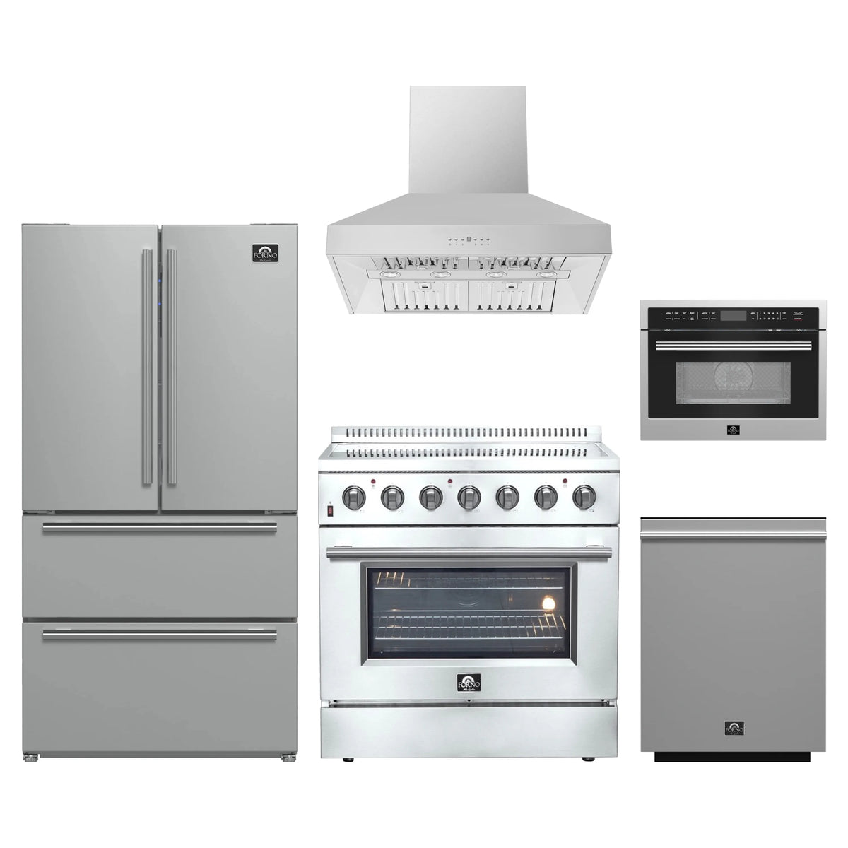 Forno 5-Piece Appliance Package - 36-Inch Electric Range, Wall Mount Range Hood, French Door Refrigerator, Dishwasher, and 24-Inch Microwave Oven in Stainless Steel
