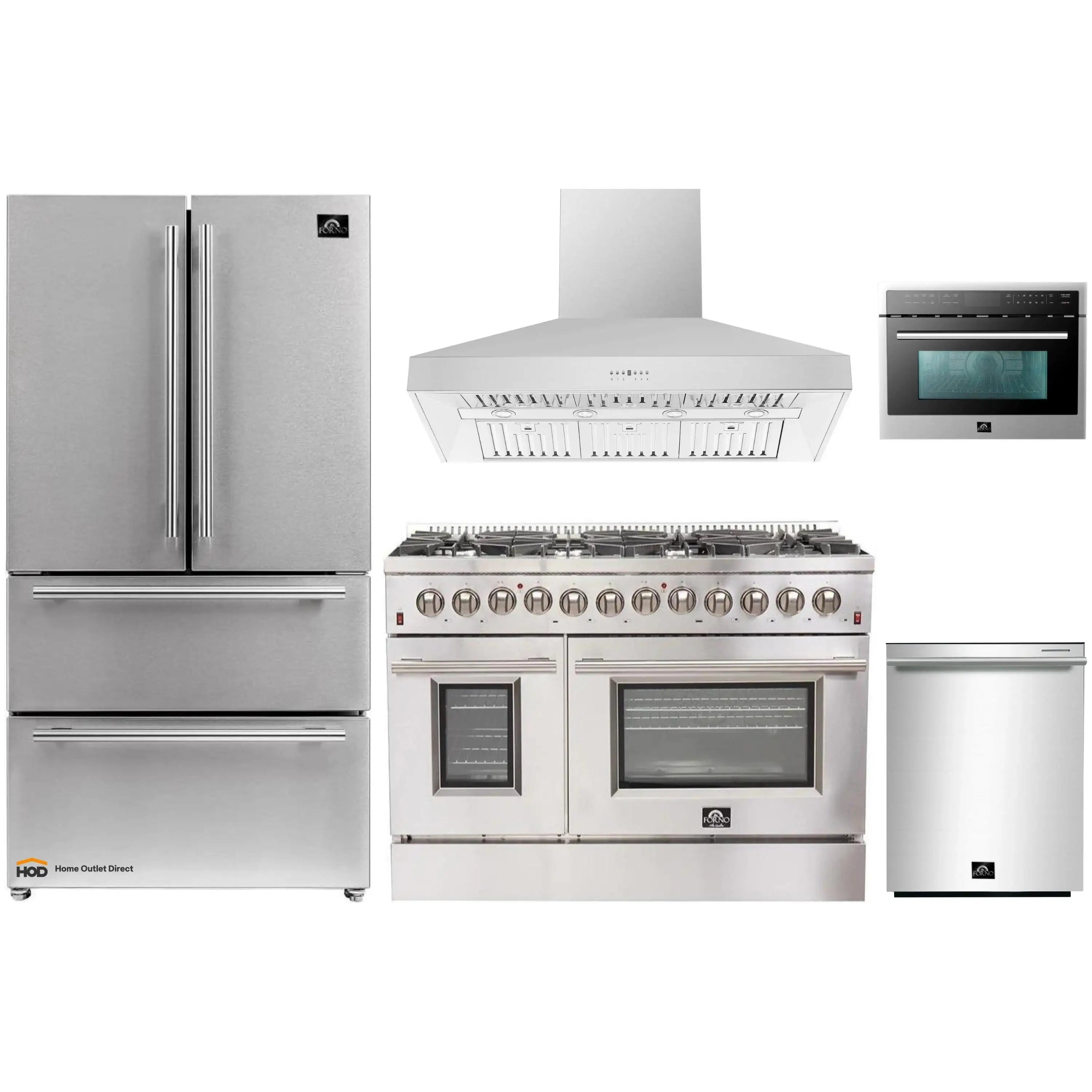 Stainless steel appliance set with refrigerator, range, microwave, and wall hood
