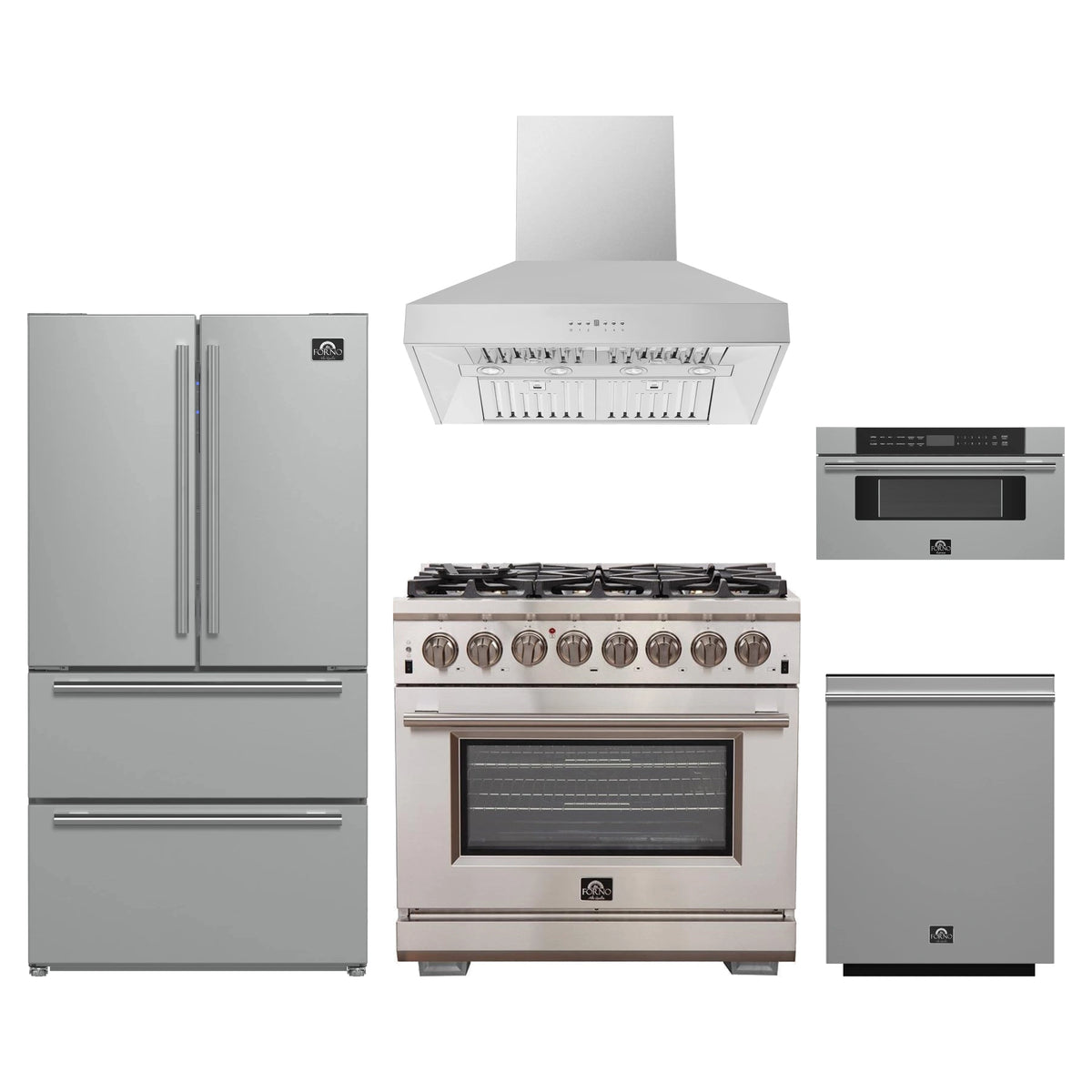 Forno 5-Piece Pro Appliance Package - 36-Inch Dual Fuel Range, Refrigerator, Wall Mount Hood, 30-Inch Microwave Drawer, & 3-Rack Dishwasher in Stainless Steel