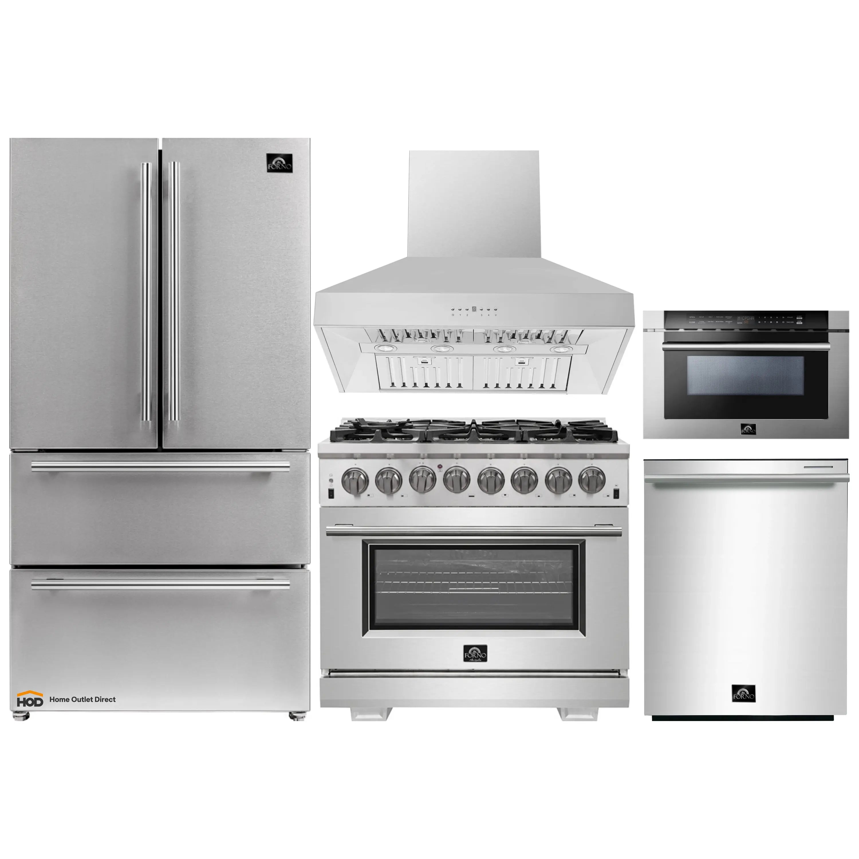 Stainless steel appliance set: refrigerator, range, wall hood, microwave drawer, dishwasher