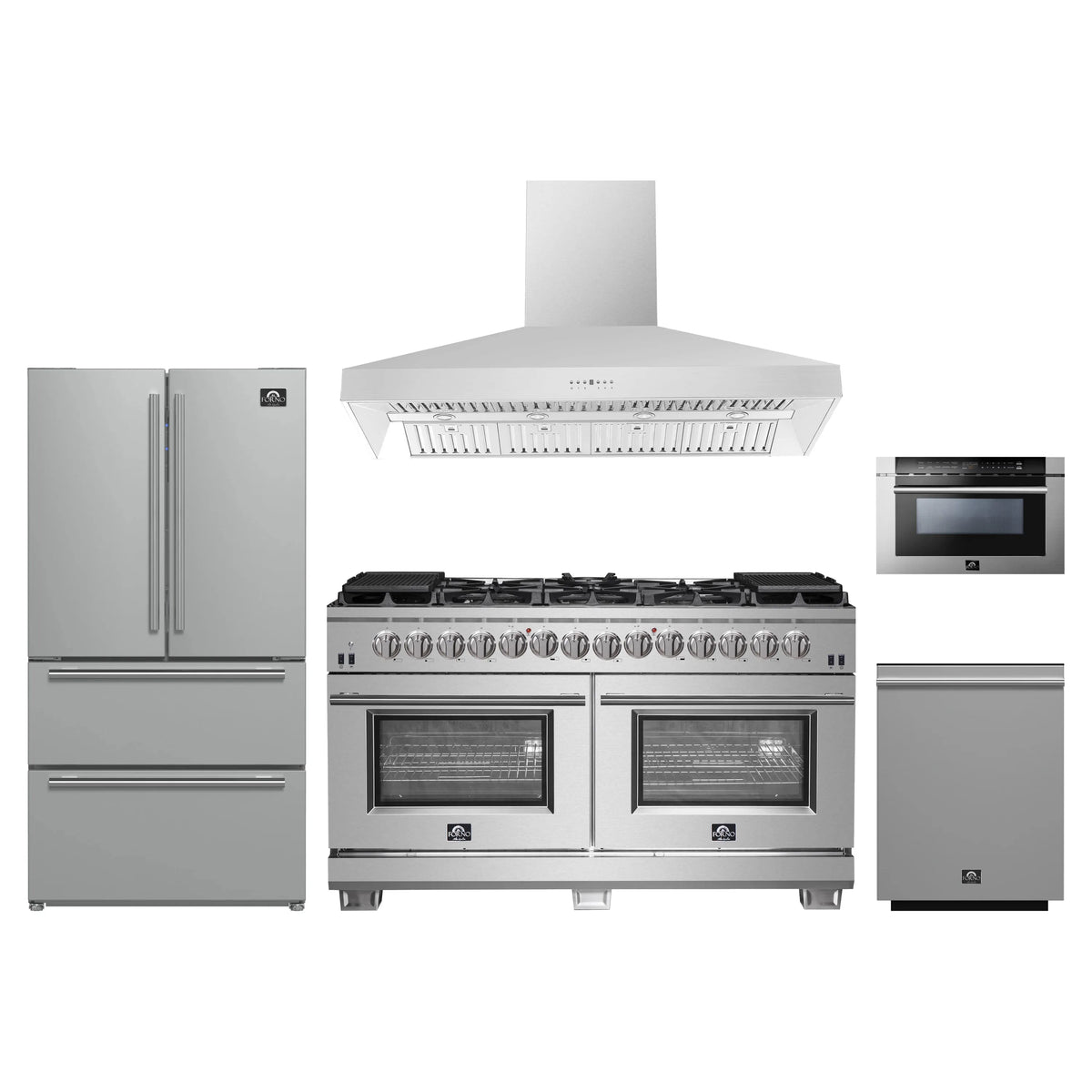 Forno 5-Piece Pro Appliance Package - 60-Inch Dual Fuel Range, Refrigerator, Wall Mount Hood, 24-Inch Microwave Drawer, & 3-Rack Dishwasher in Stainless Steel