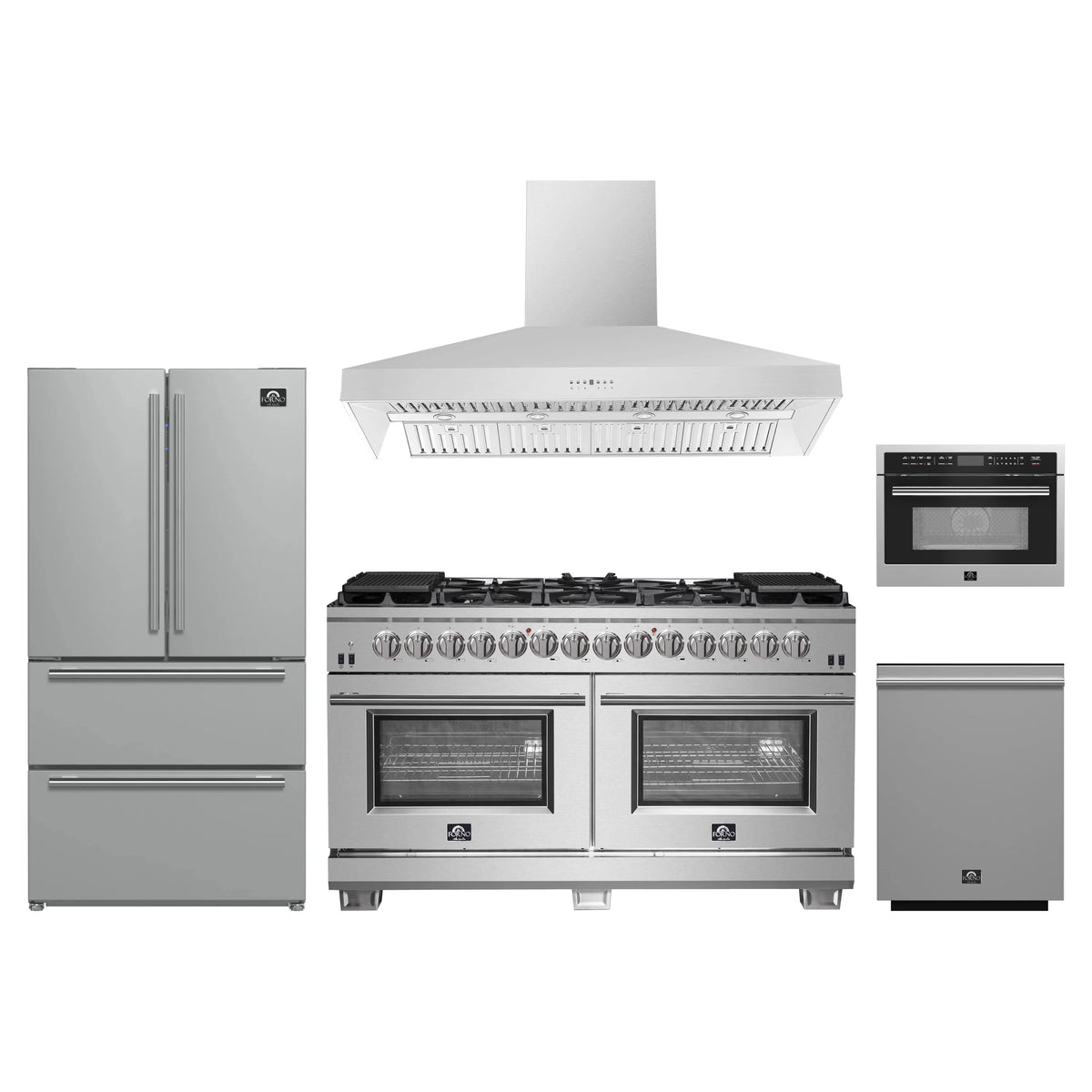 Forno 5-Piece Pro Appliance Package - 60-Inch Dual Fuel Range, Refrigerator, Wall Mount Hood, 24-Inch Microwave Oven, & 3-Rack Dishwasher in Stainless Steel