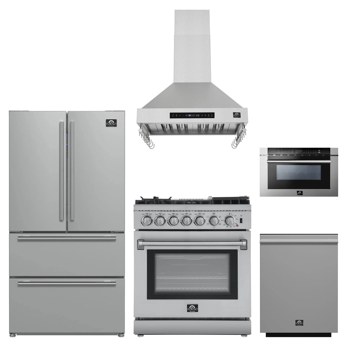 Forno 5-Piece Appliance Package - 30-Inch Dual Fuel Range with Air Fryer, Refrigerator, Wall Mount Hood, 24-Inch Microwave Drawer, & 3-Rack Dishwasher in Stainless Steel