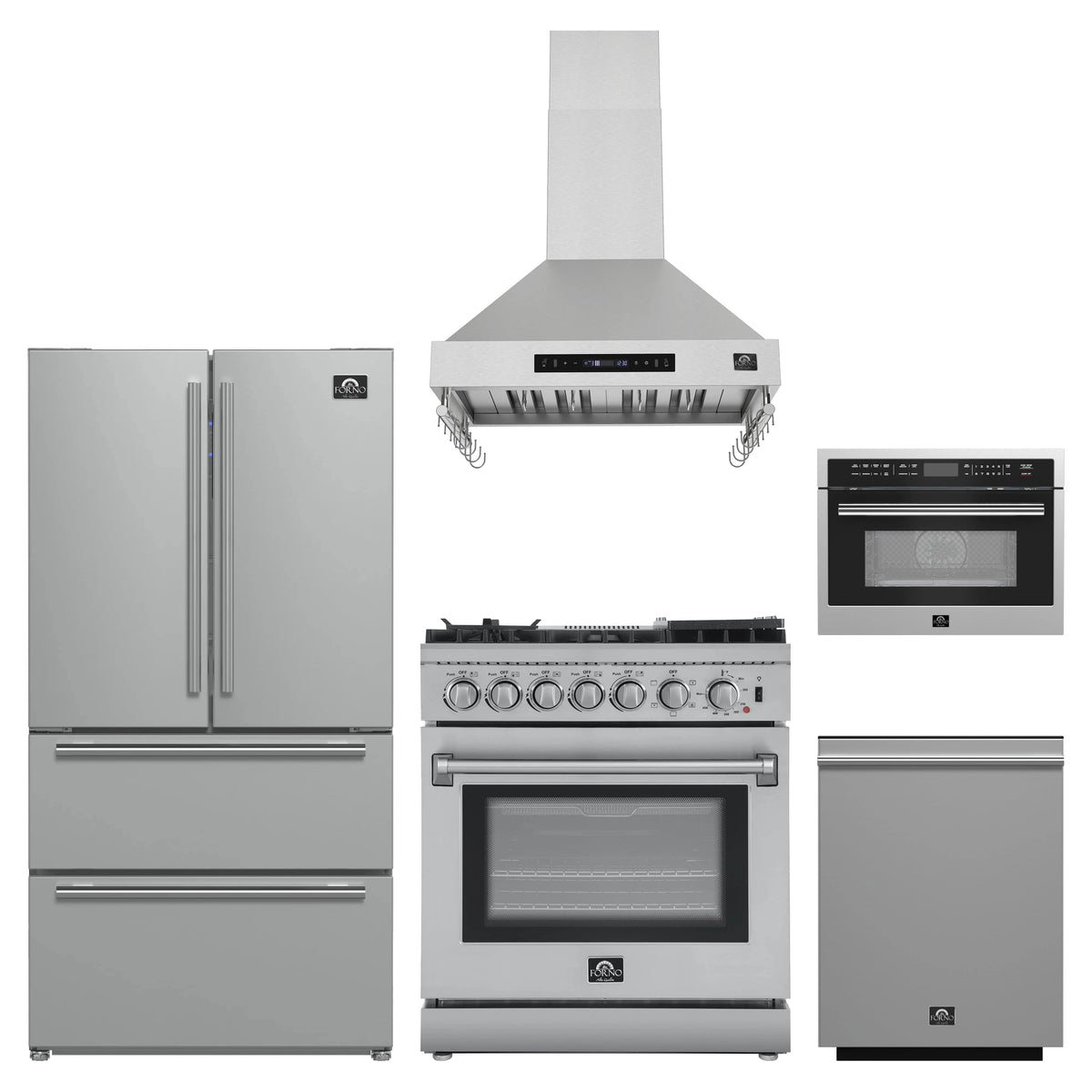 Forno 5-Piece Appliance Package - 30-Inch Dual Fuel Range with Air Fryer, Refrigerator, Wall Mount Hood, 24-Inch Microwave Oven, & 3-Rack Dishwasher in Stainless Steel